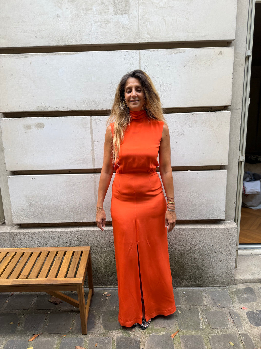 Robe longue Céline en soie orange éclatante