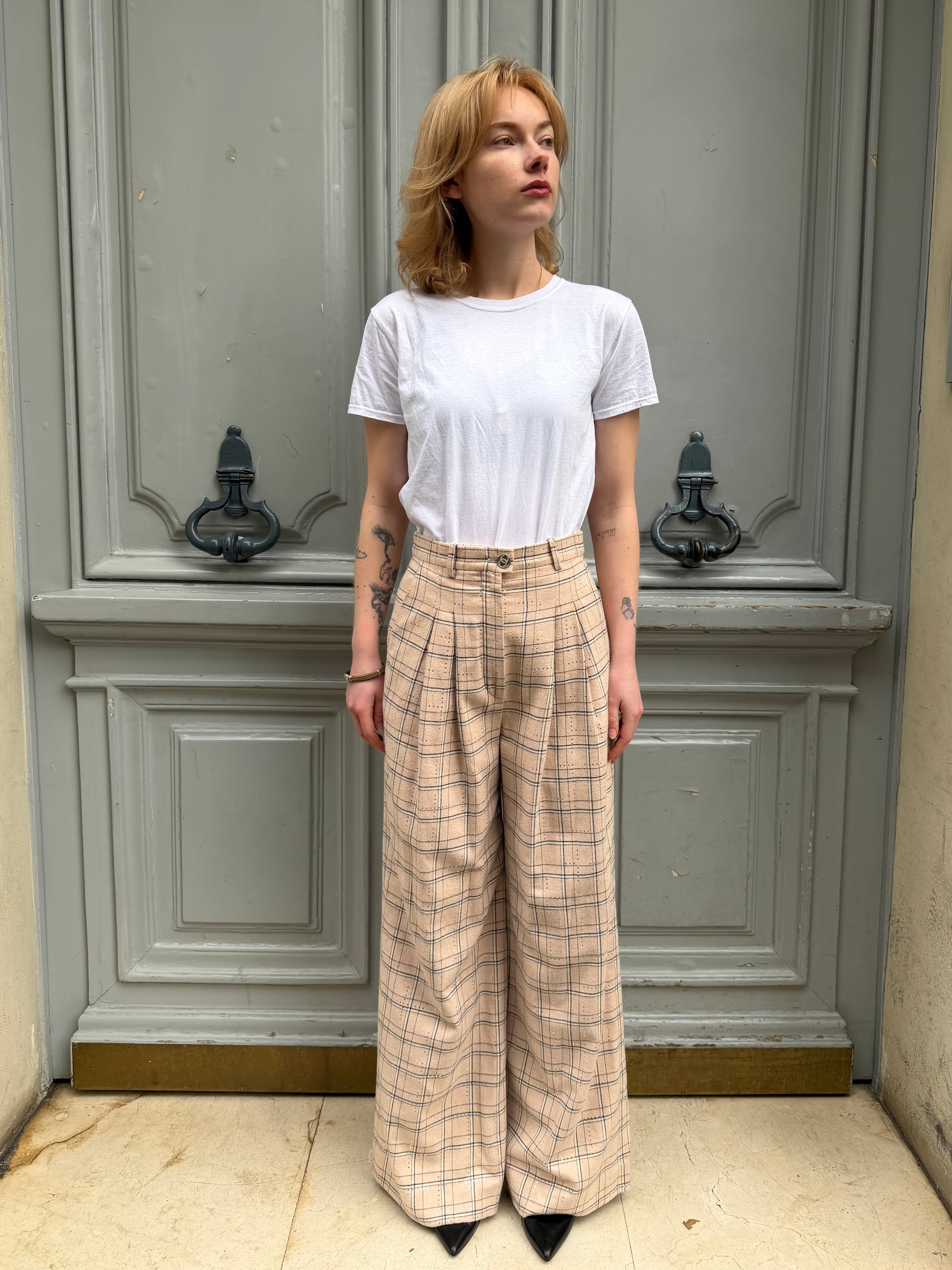 Pantalon Chanel double pince en coton rose poudré