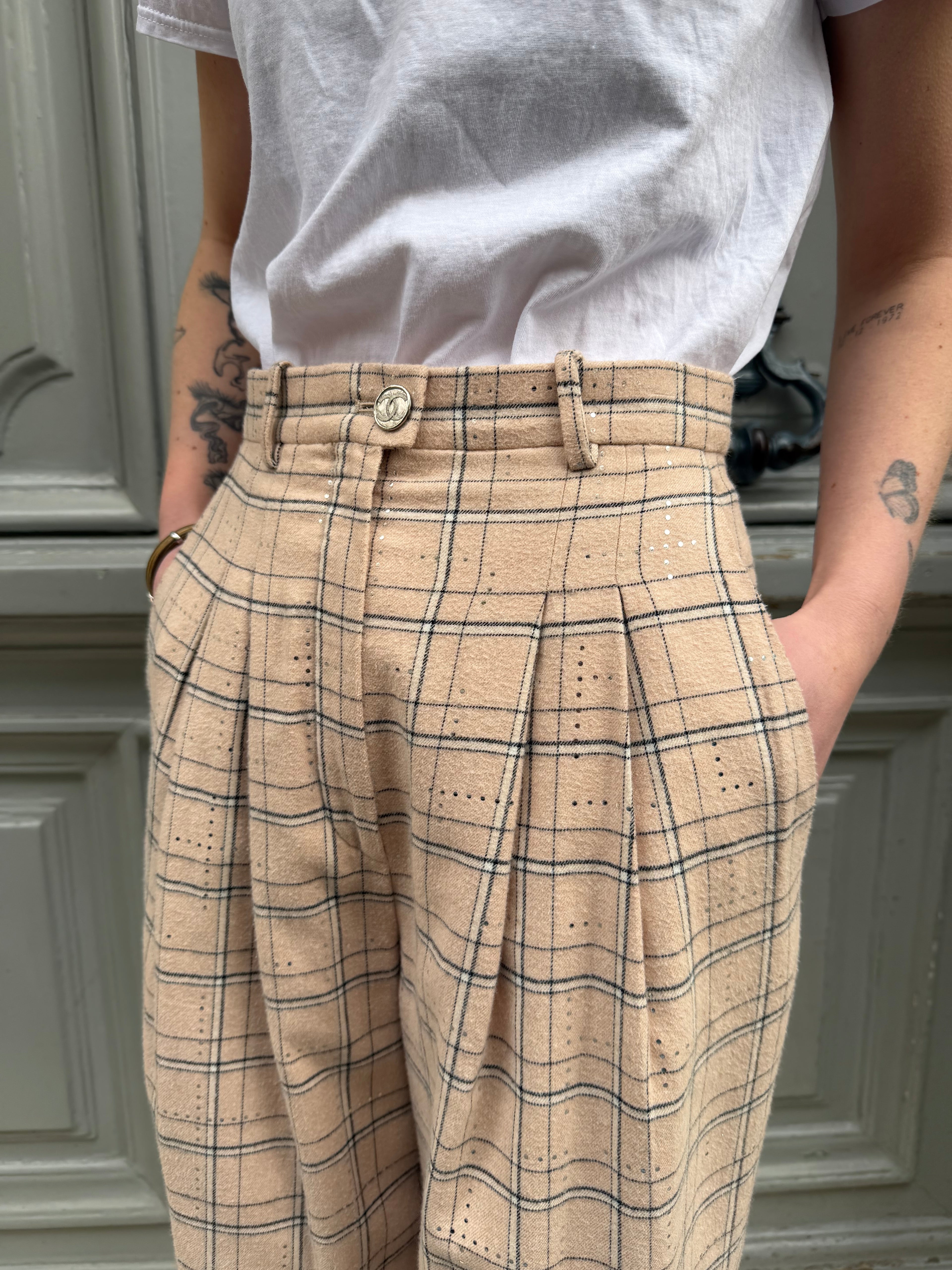 Pantalon Chanel double pince en coton rose poudré