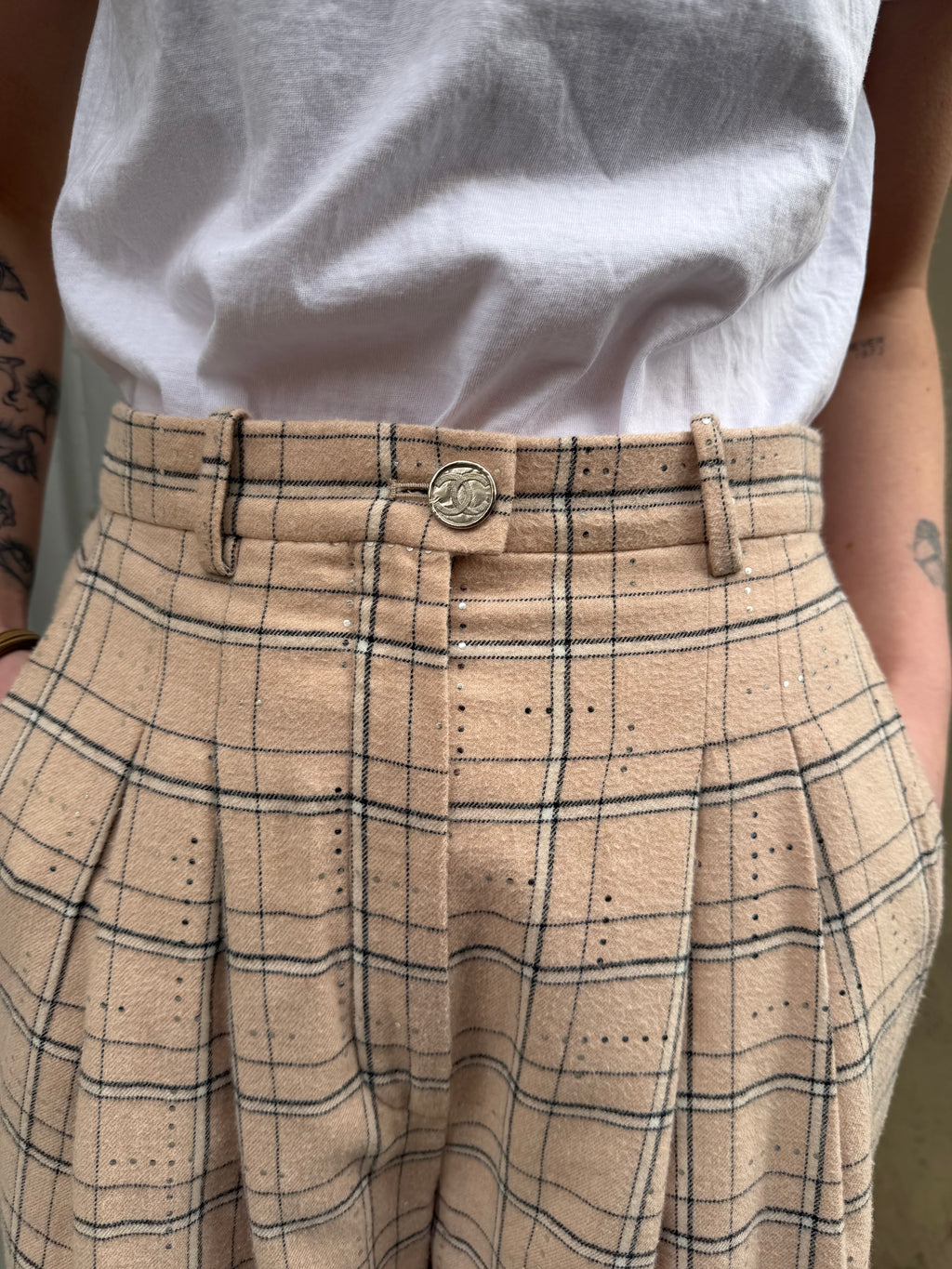 Pantalon Chanel double pince en coton rose poudré