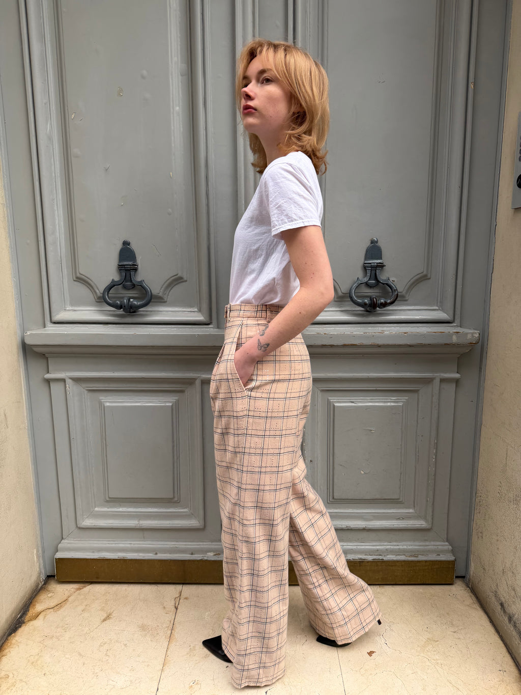 Pantalon Chanel double pince en coton rose poudré
