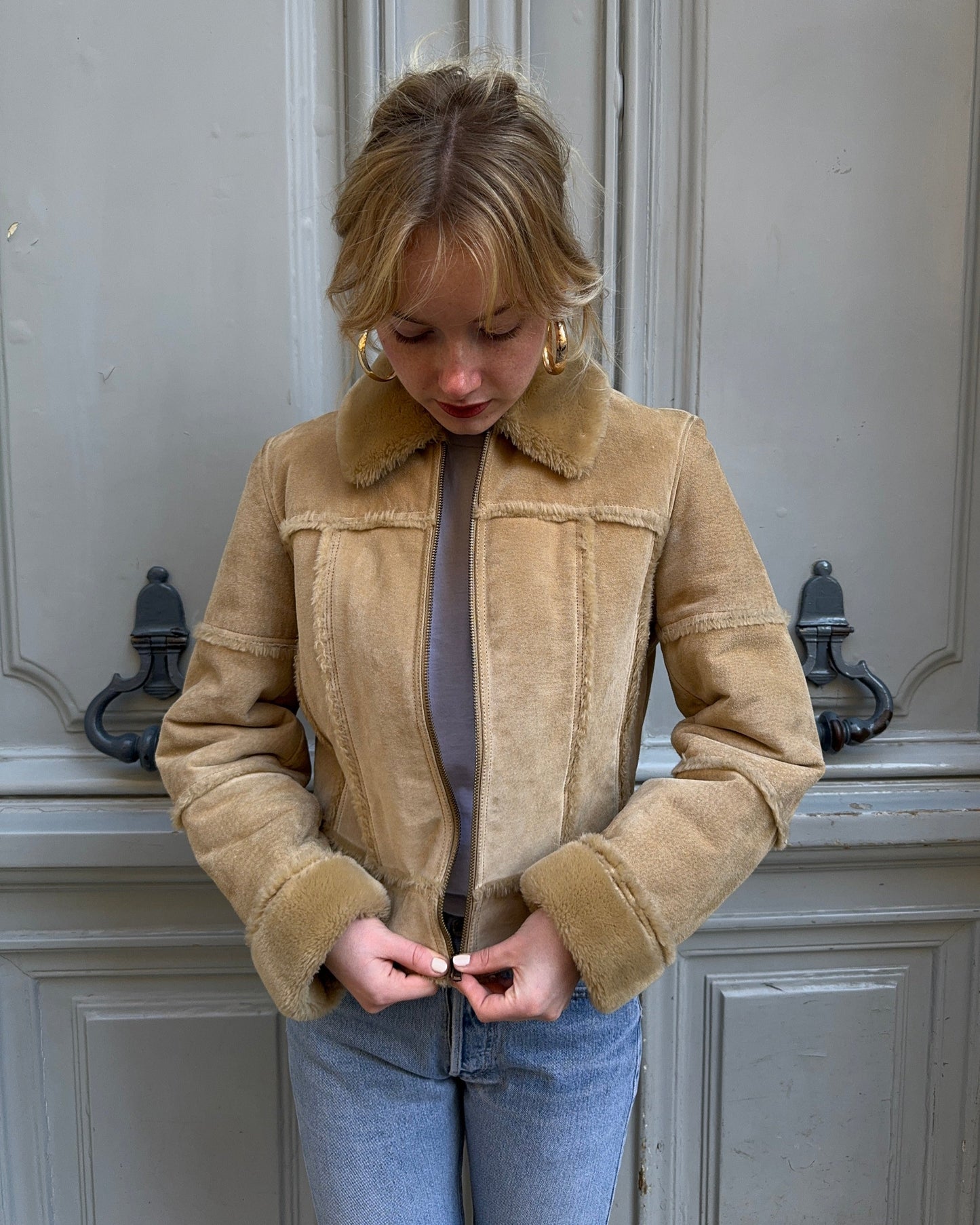 Veste en peau lainée beige