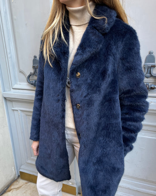 Manteau fausse fourrure bleu marine