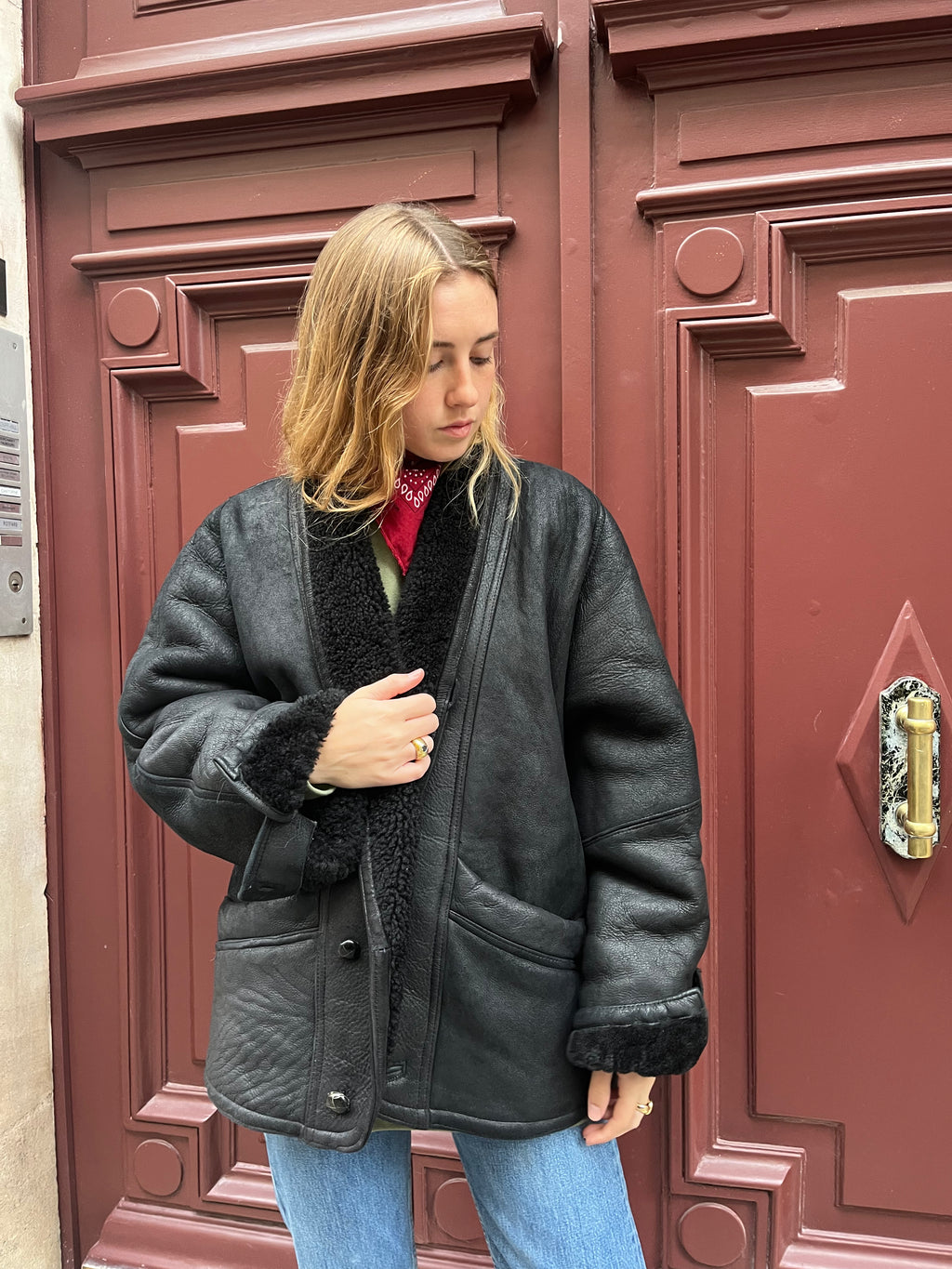 Veste en peau lainée noire