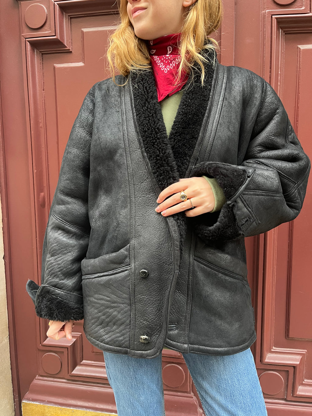 Veste en peau lainée noire