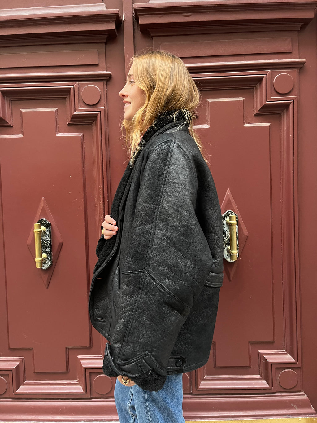 Veste en peau lainée noire