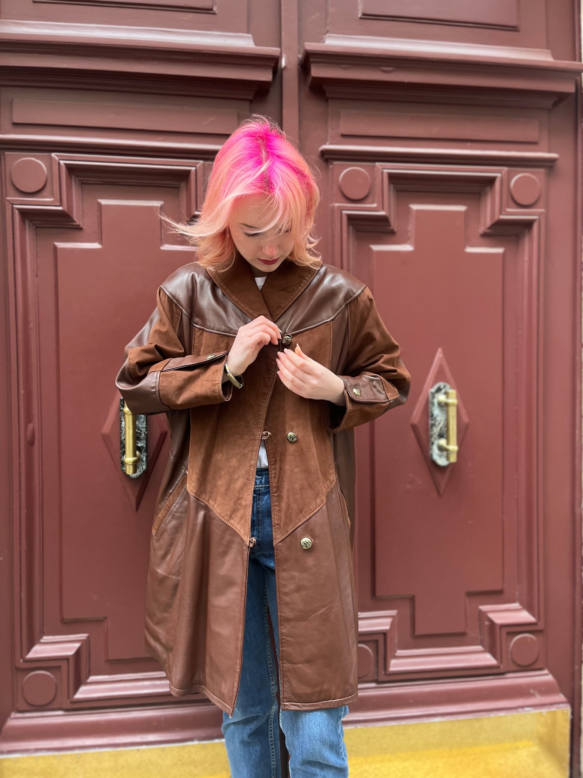 Manteau long en cuir marron