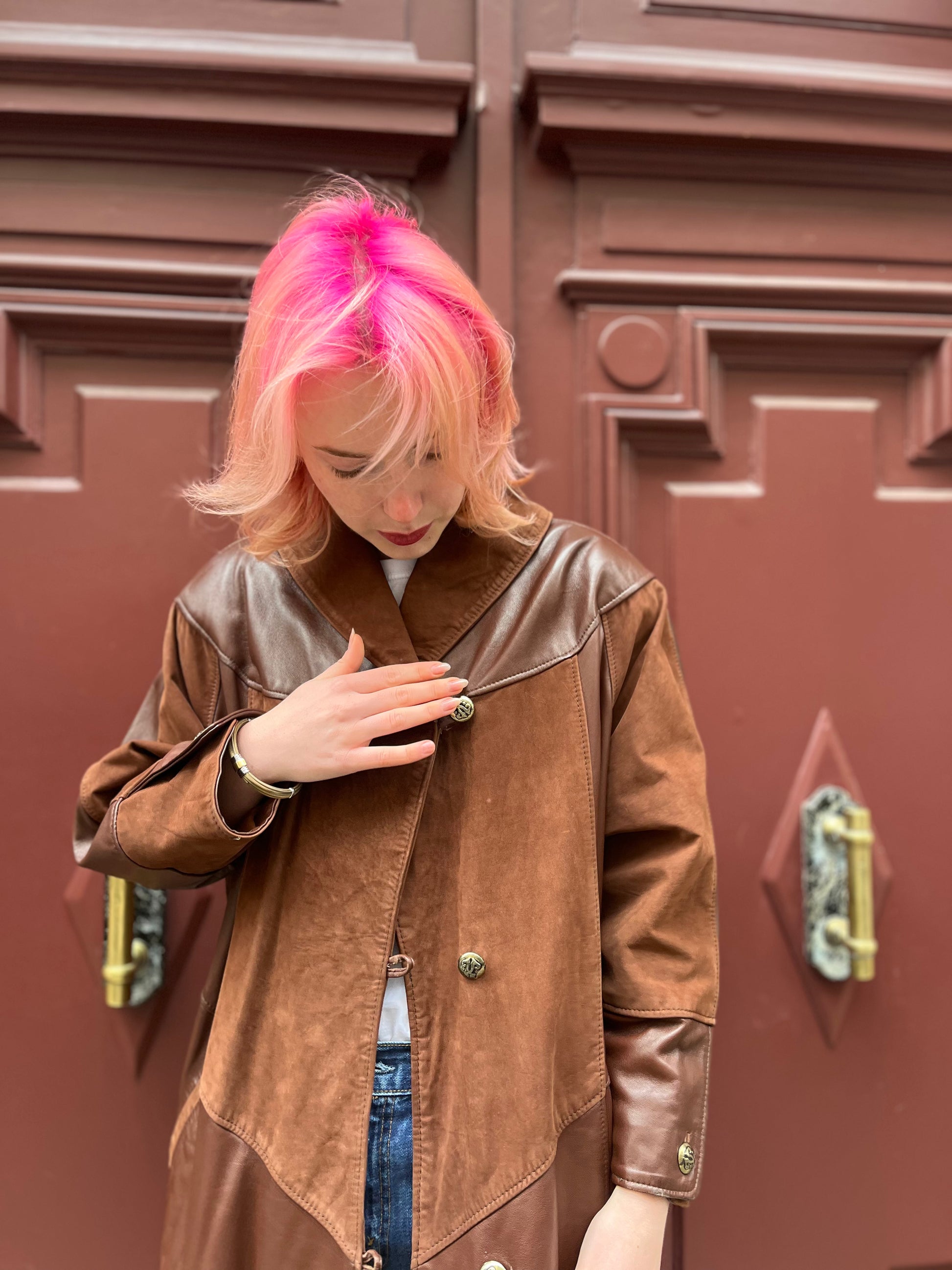 Manteau long en cuir marron