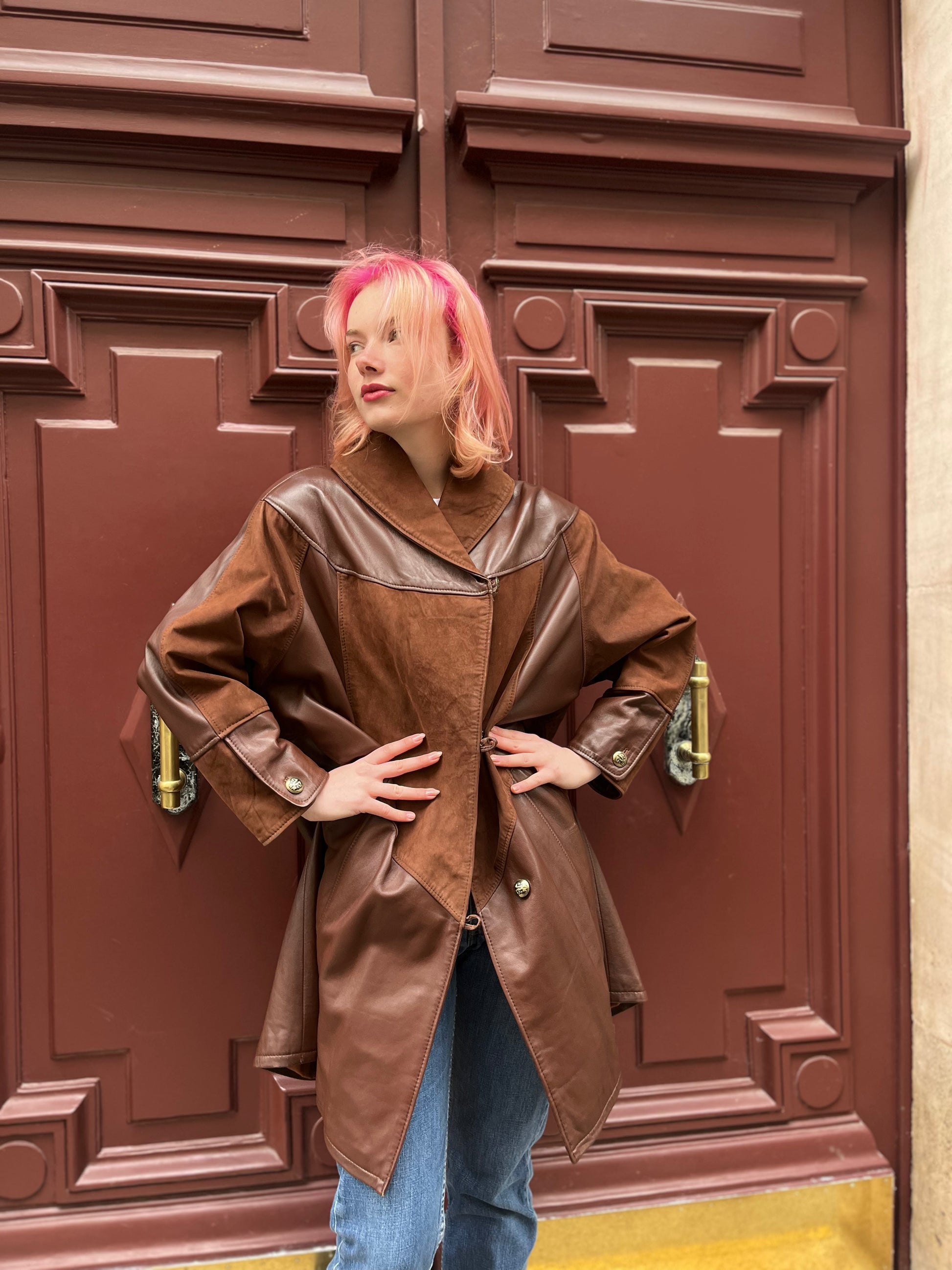 Manteau long en cuir marron