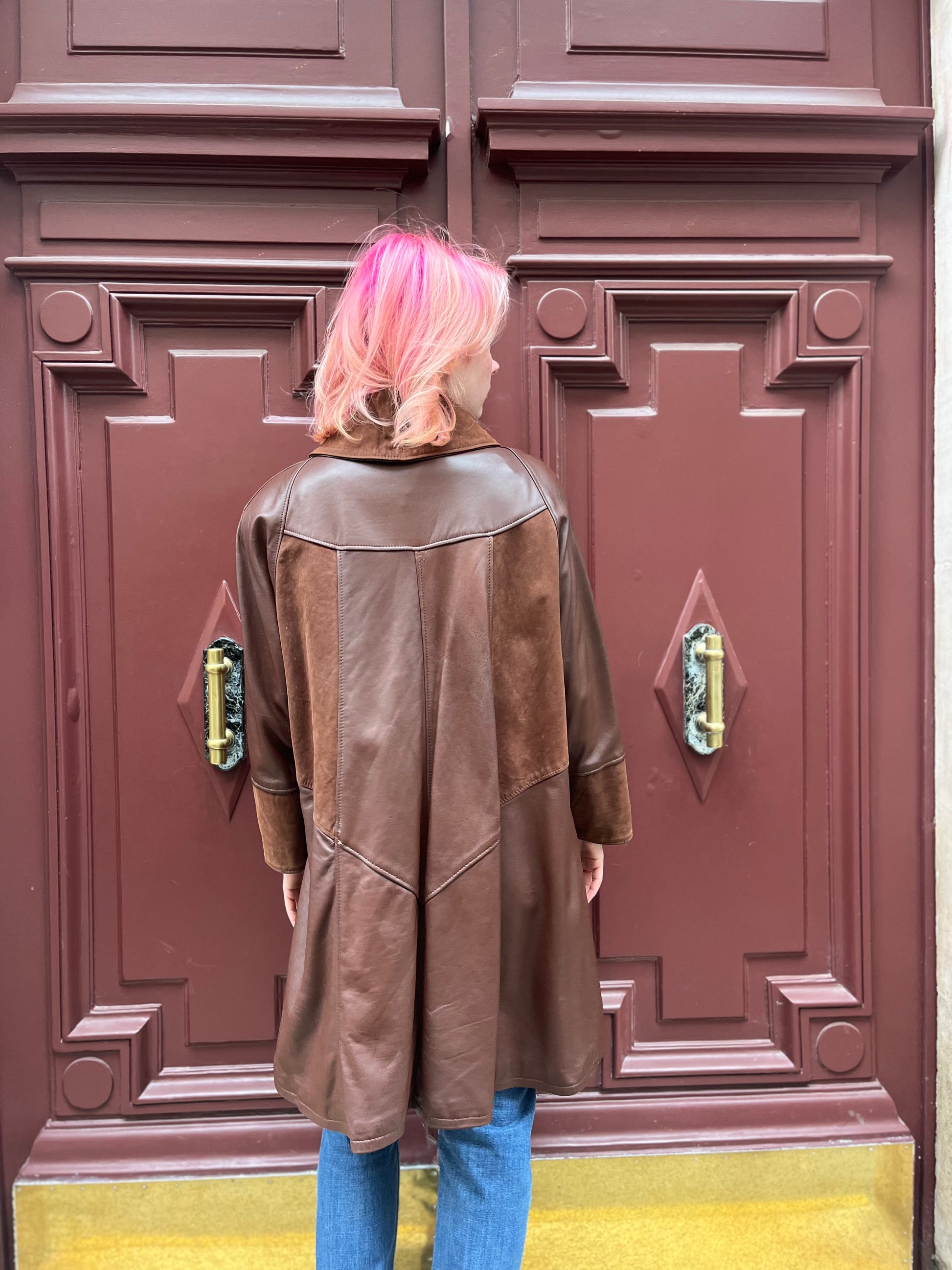 Manteau long en cuir marron