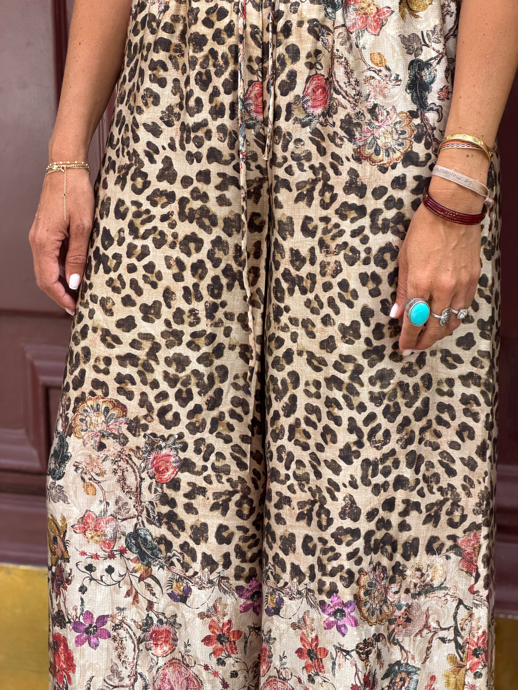 Pantalon fluide imprimé léopard & fleurs