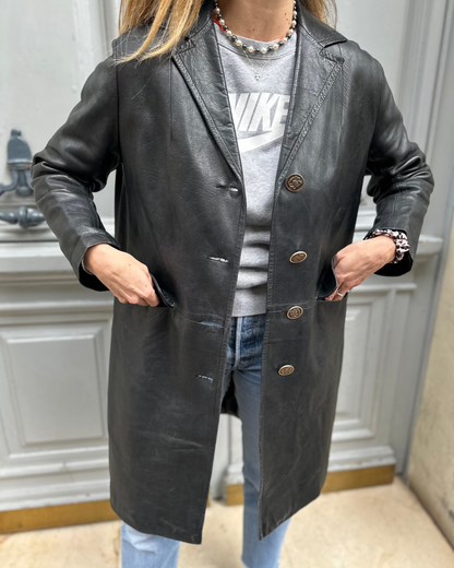 Manteau mi-long noir en cuir