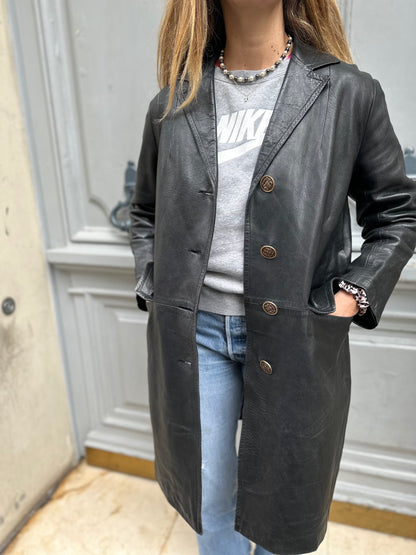Manteau mi-long noir en cuir