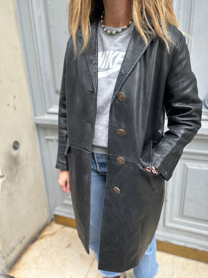 Manteau mi-long noir en cuir