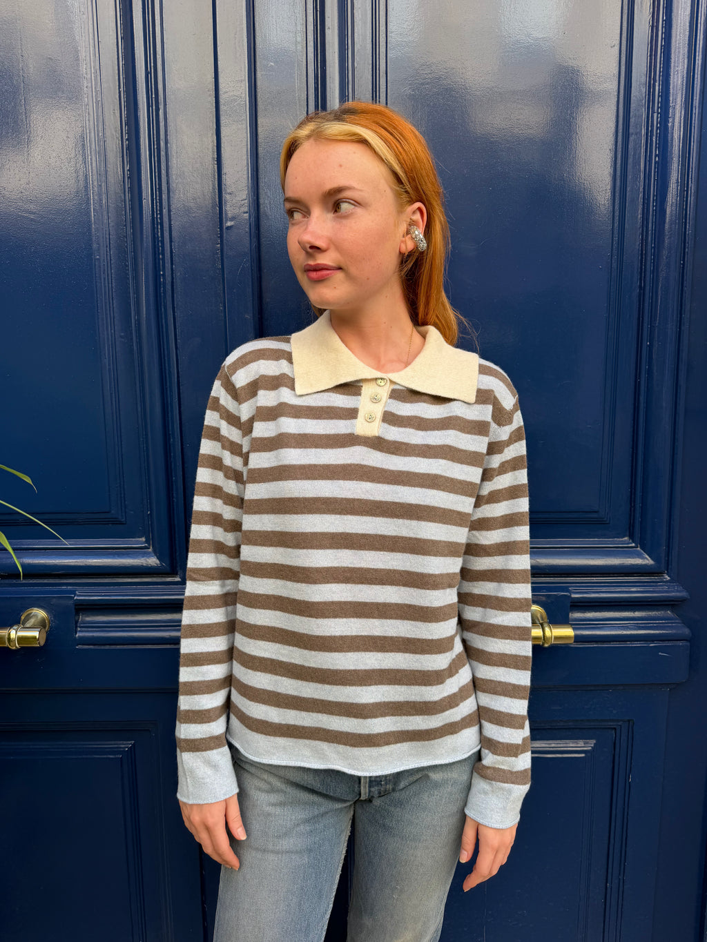 Pull polo rayé bleu et marron