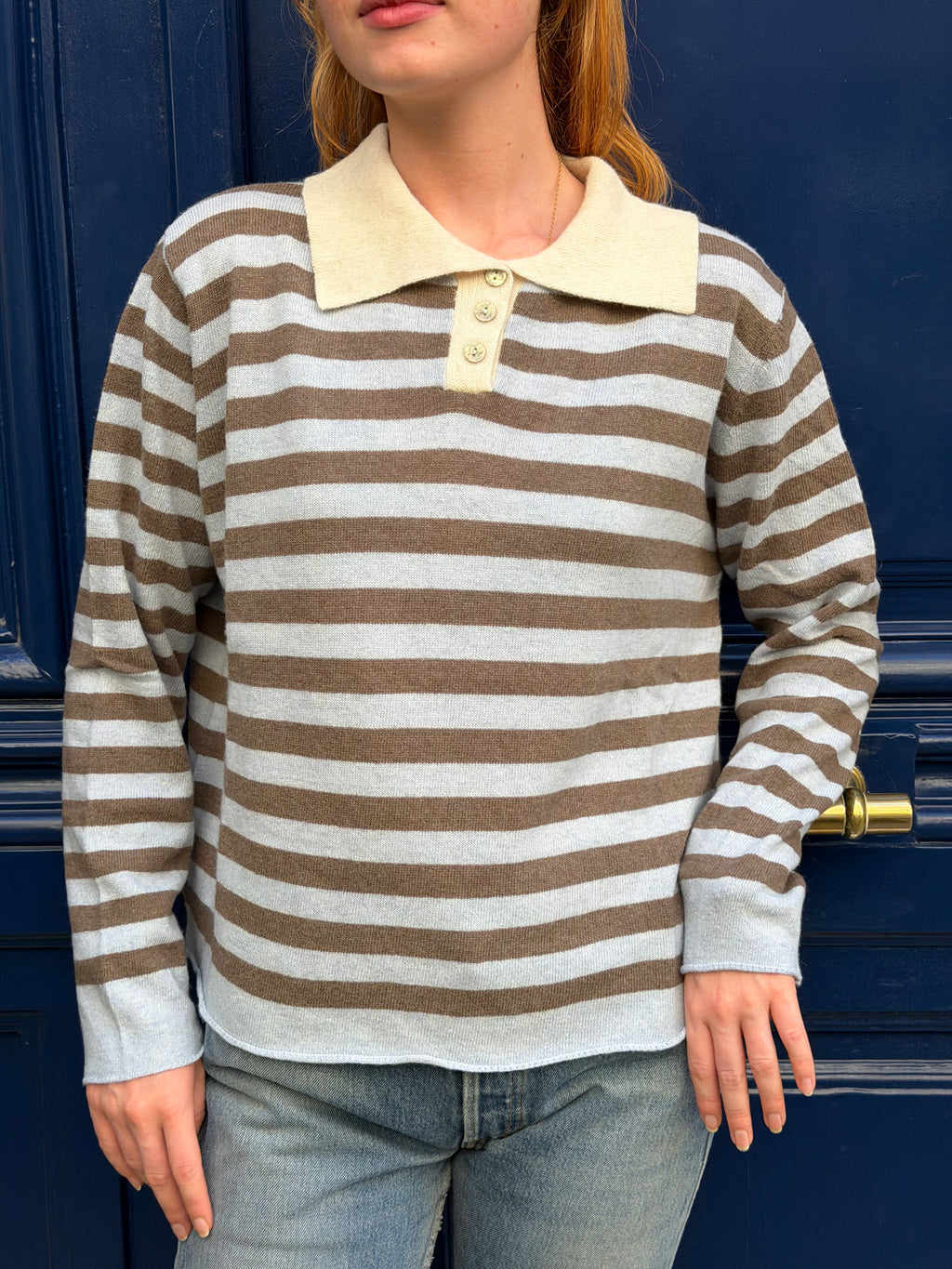 Pull polo rayé bleu et marron