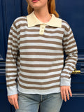 Pull polo rayé bleu et marron