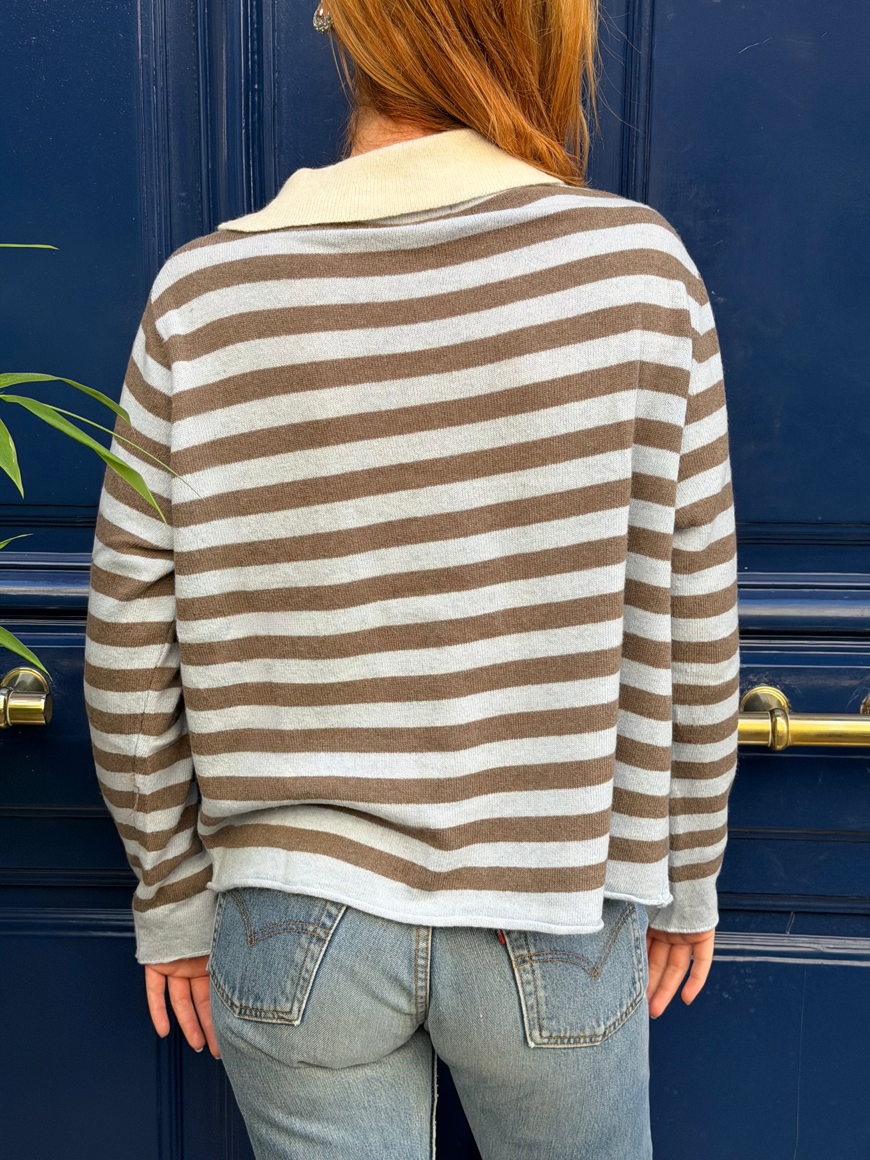 Pull polo rayé bleu et marron