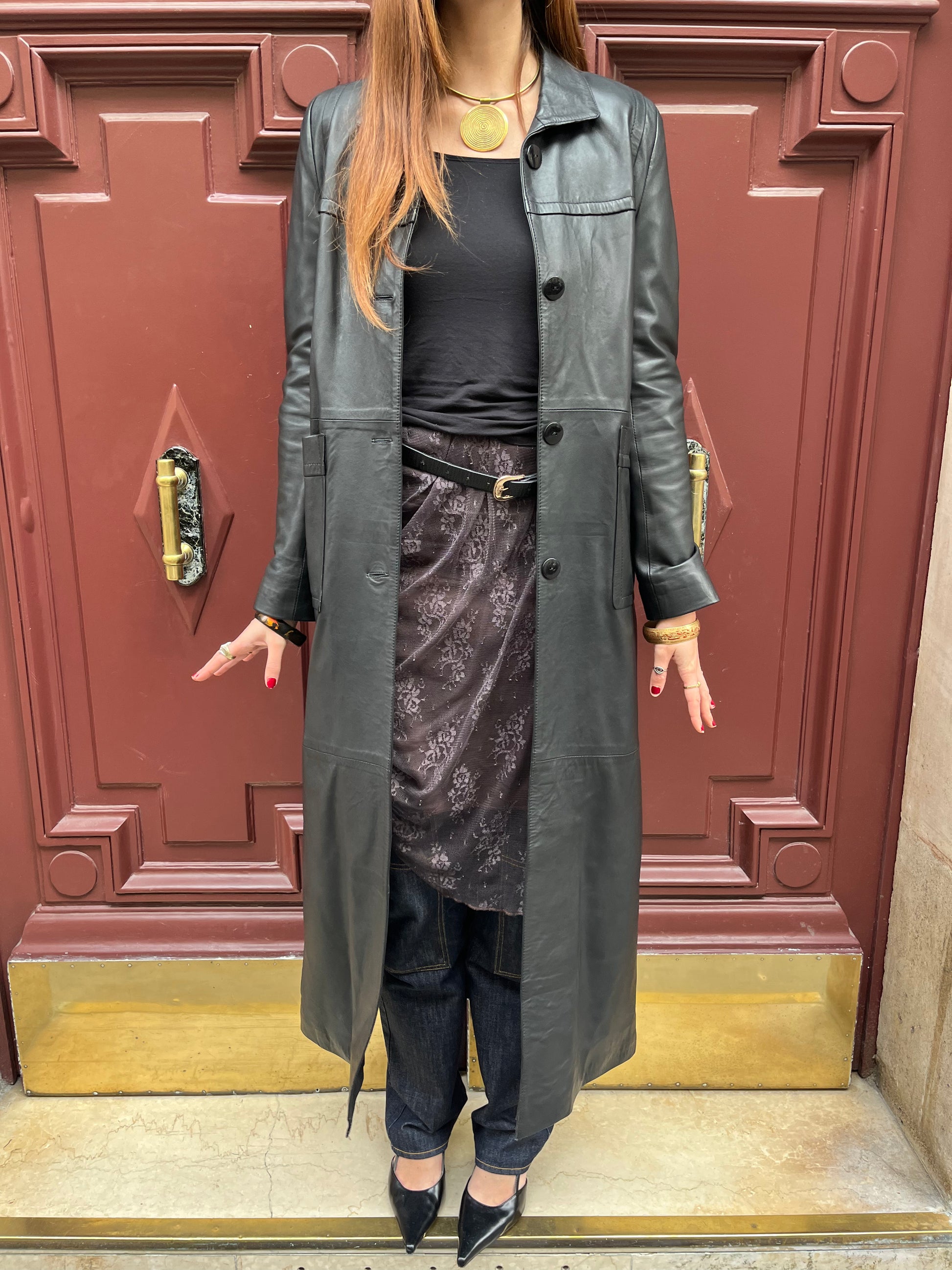 Longue veste en cuir noir