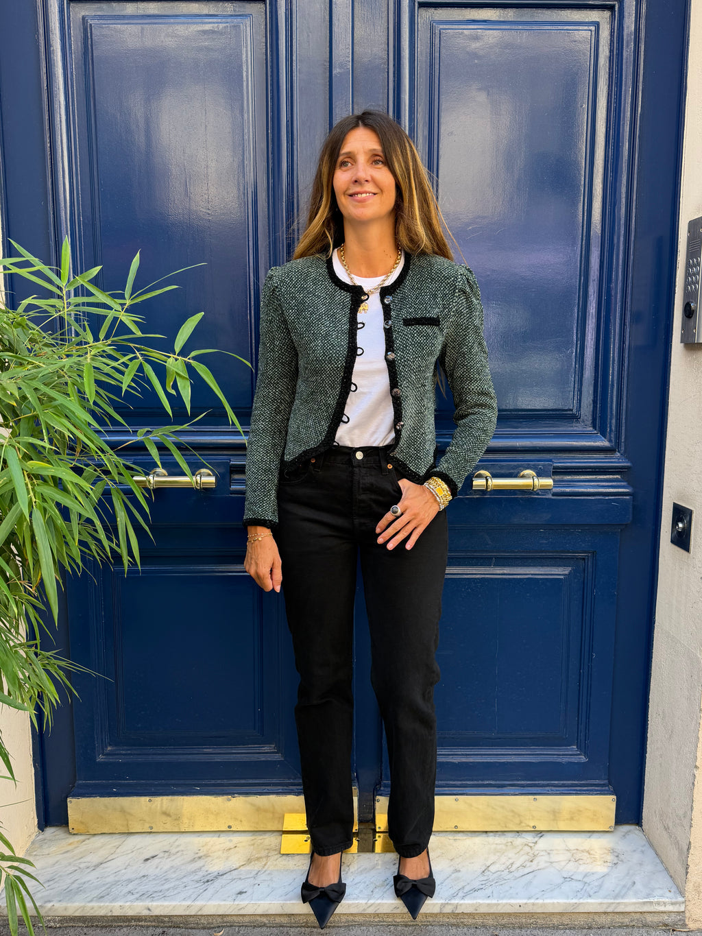 Gilet Emmanuelle Khanh en maille vert et noir