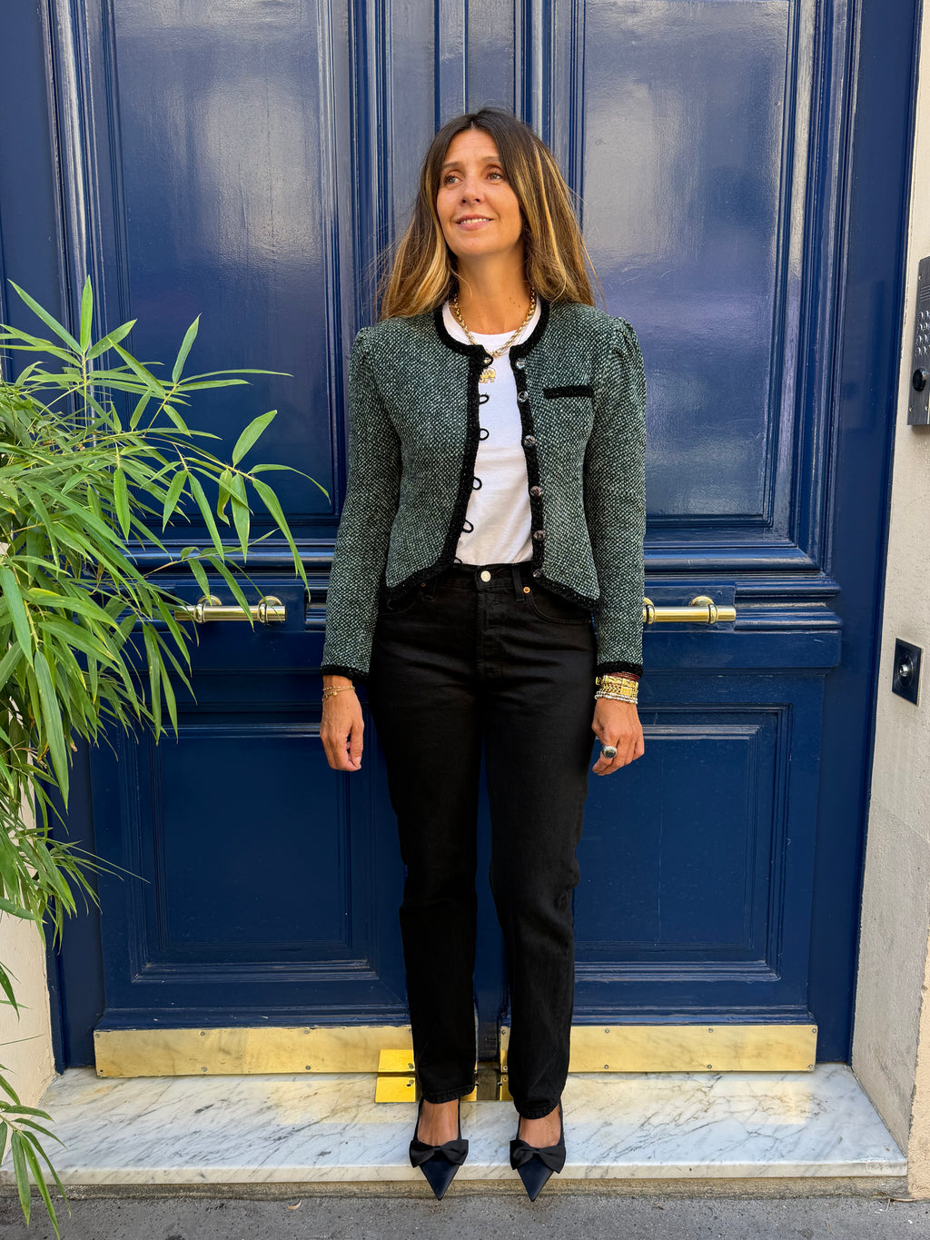 Gilet Emmanuelle Khanh en maille vert et noir