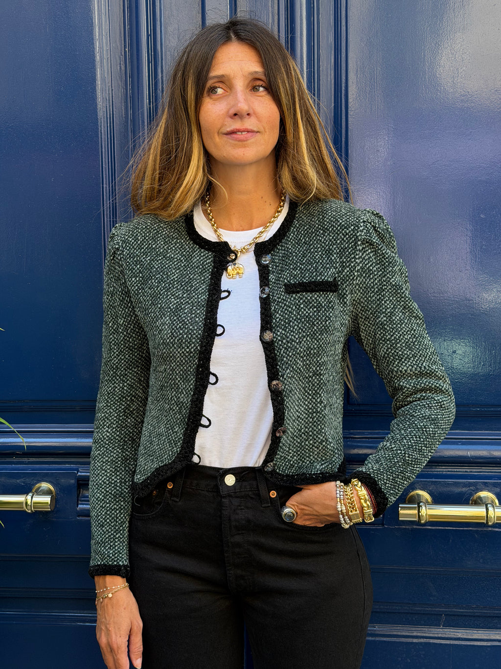 Gilet Emmanuelle Khanh en maille vert et noir
