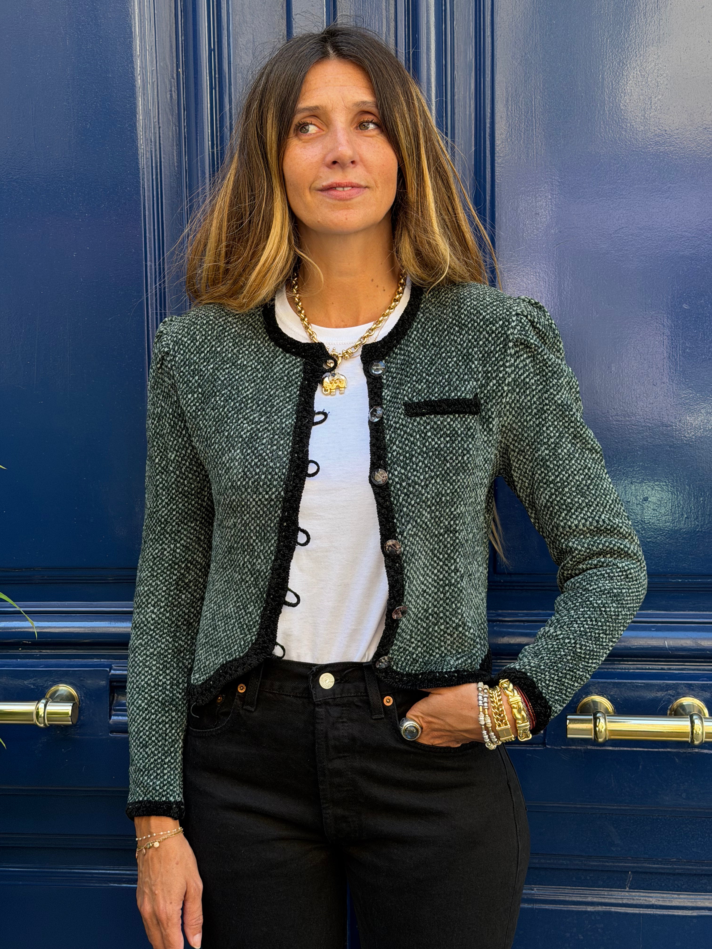 Gilet Emmanuelle Khanh en maille vert et noir
