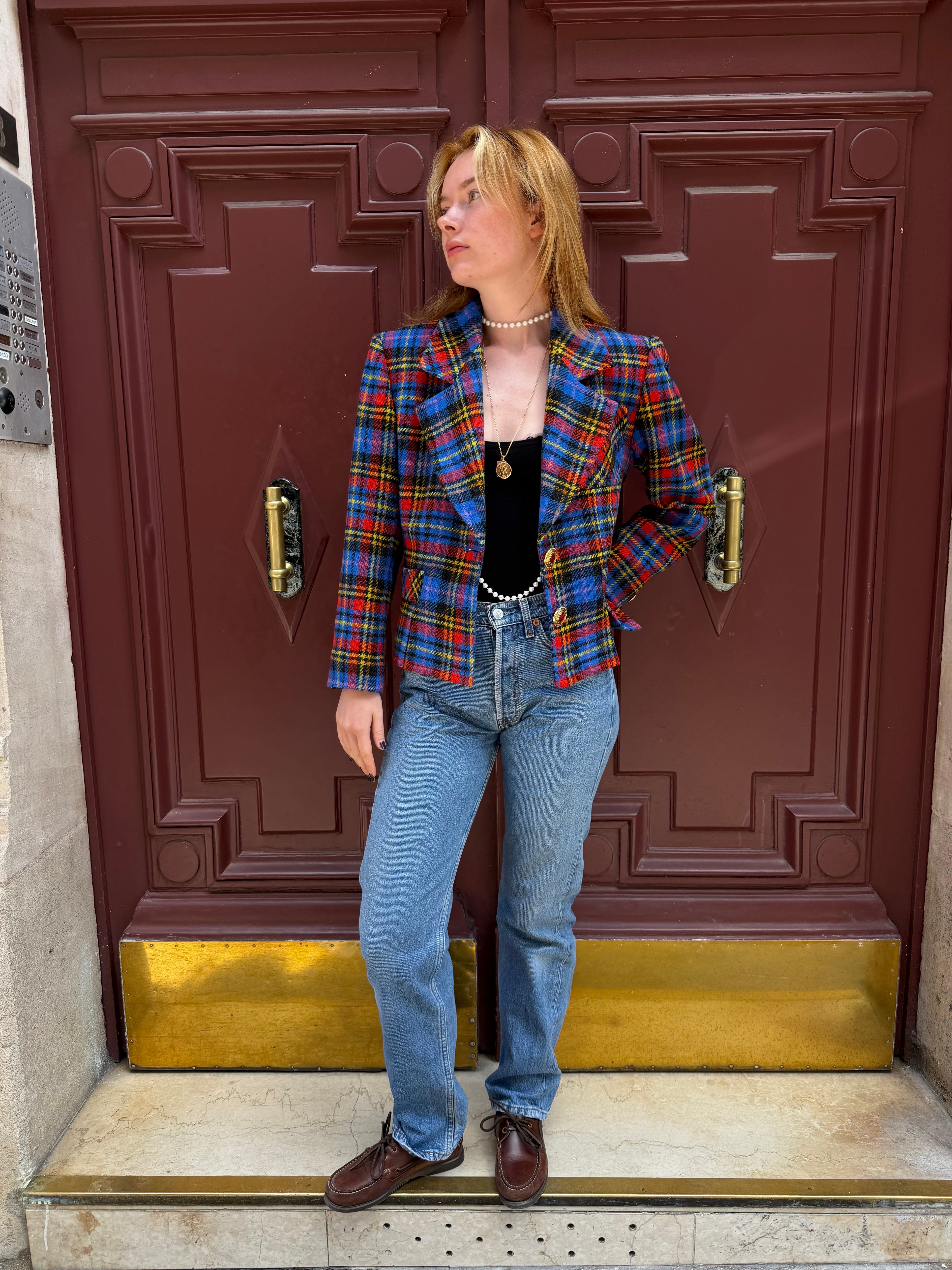 Veste Yves Saint Laurent Variation  Tartan Rouge et Bleu