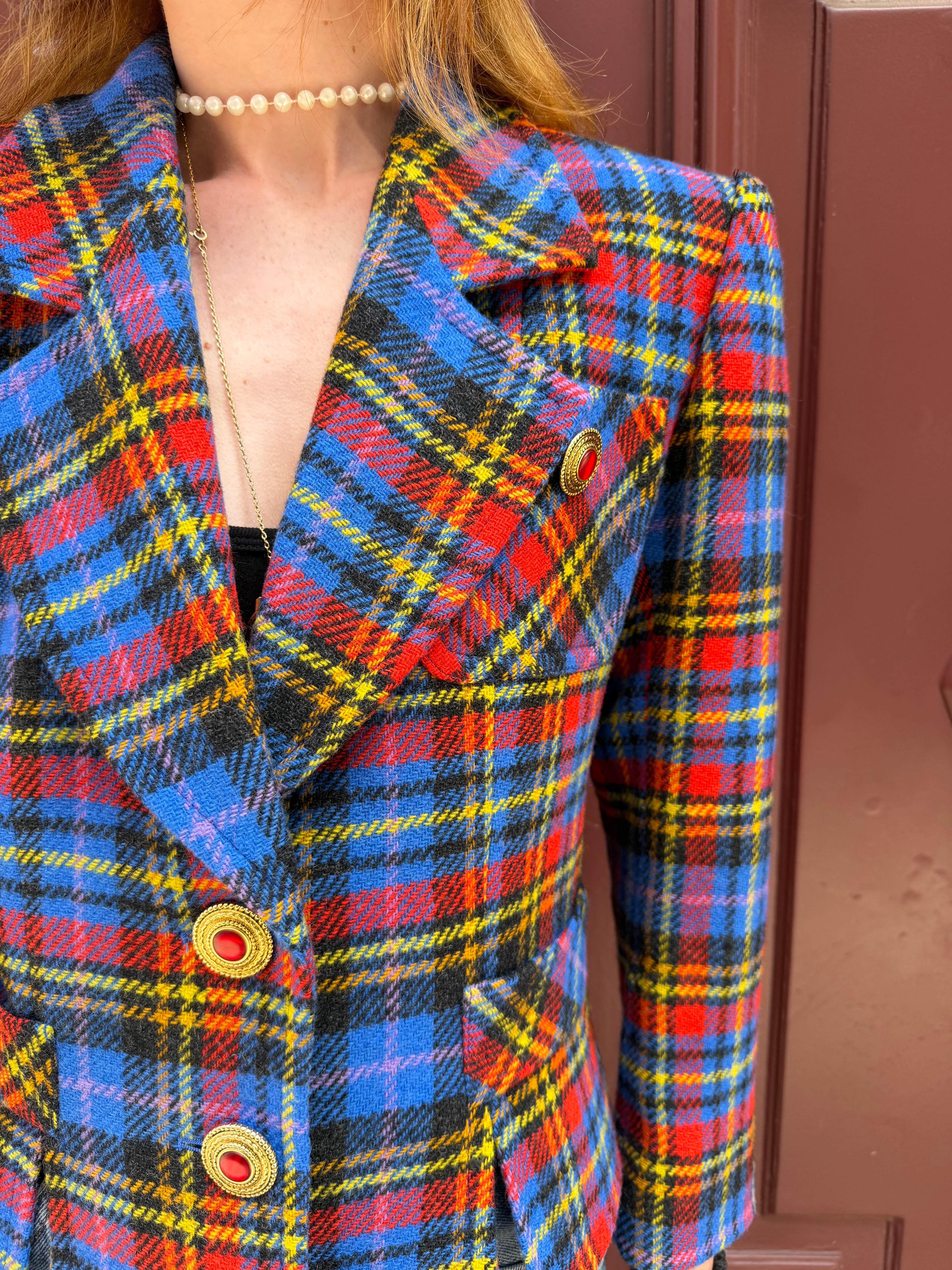 Veste Yves Saint Laurent Variation  Tartan Rouge et Bleu