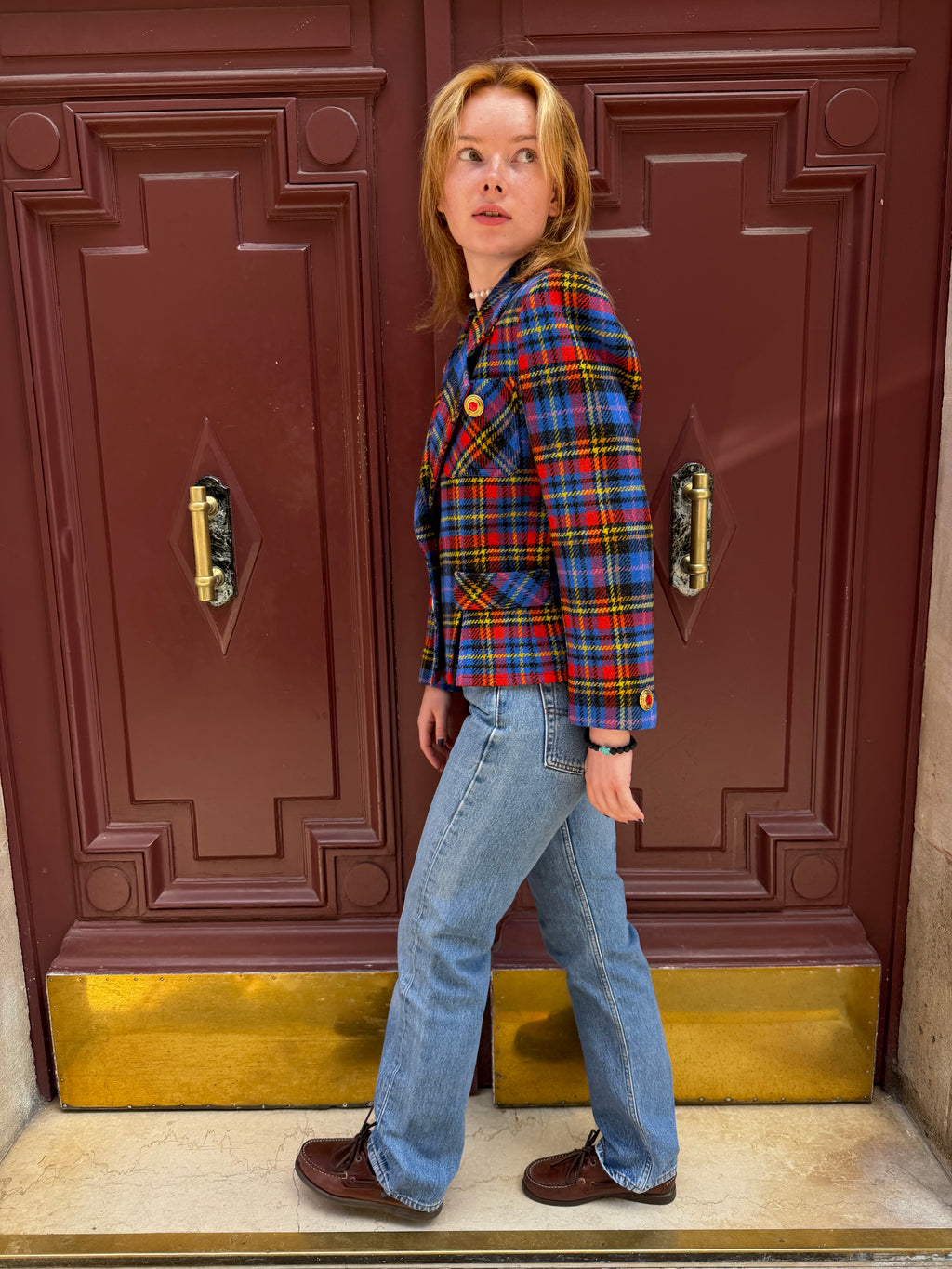 Veste Yves Saint Laurent Variation  Tartan Rouge et Bleu