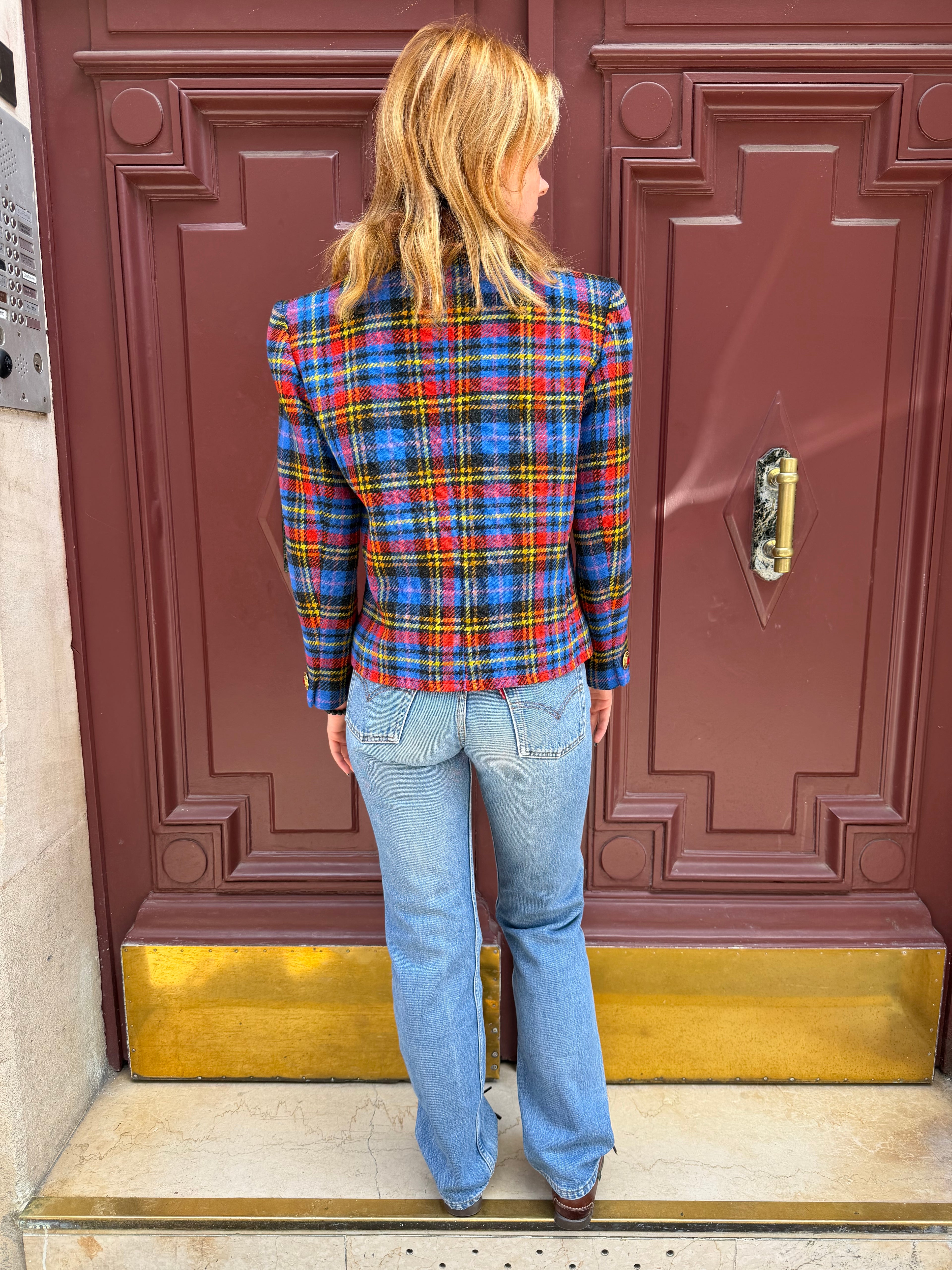 Veste Yves Saint Laurent Variation  Tartan Rouge et Bleu