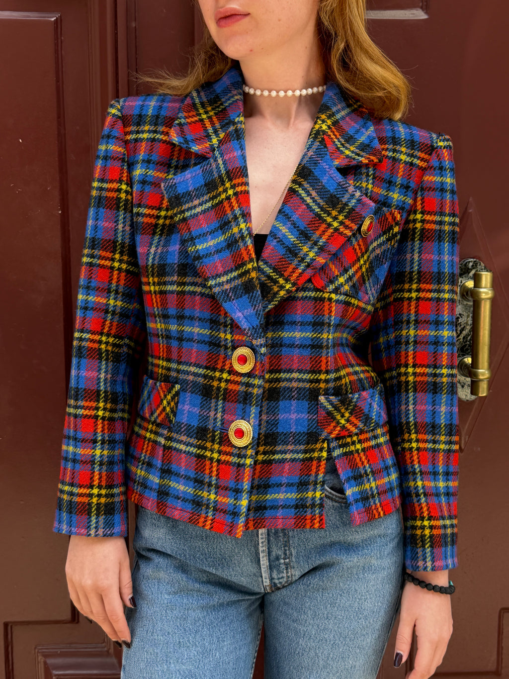Veste Yves Saint Laurent Variation  Tartan Rouge et Bleu