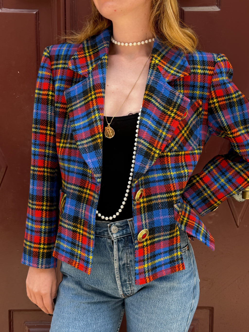 Veste Yves Saint Laurent Variation  Tartan Rouge et Bleu