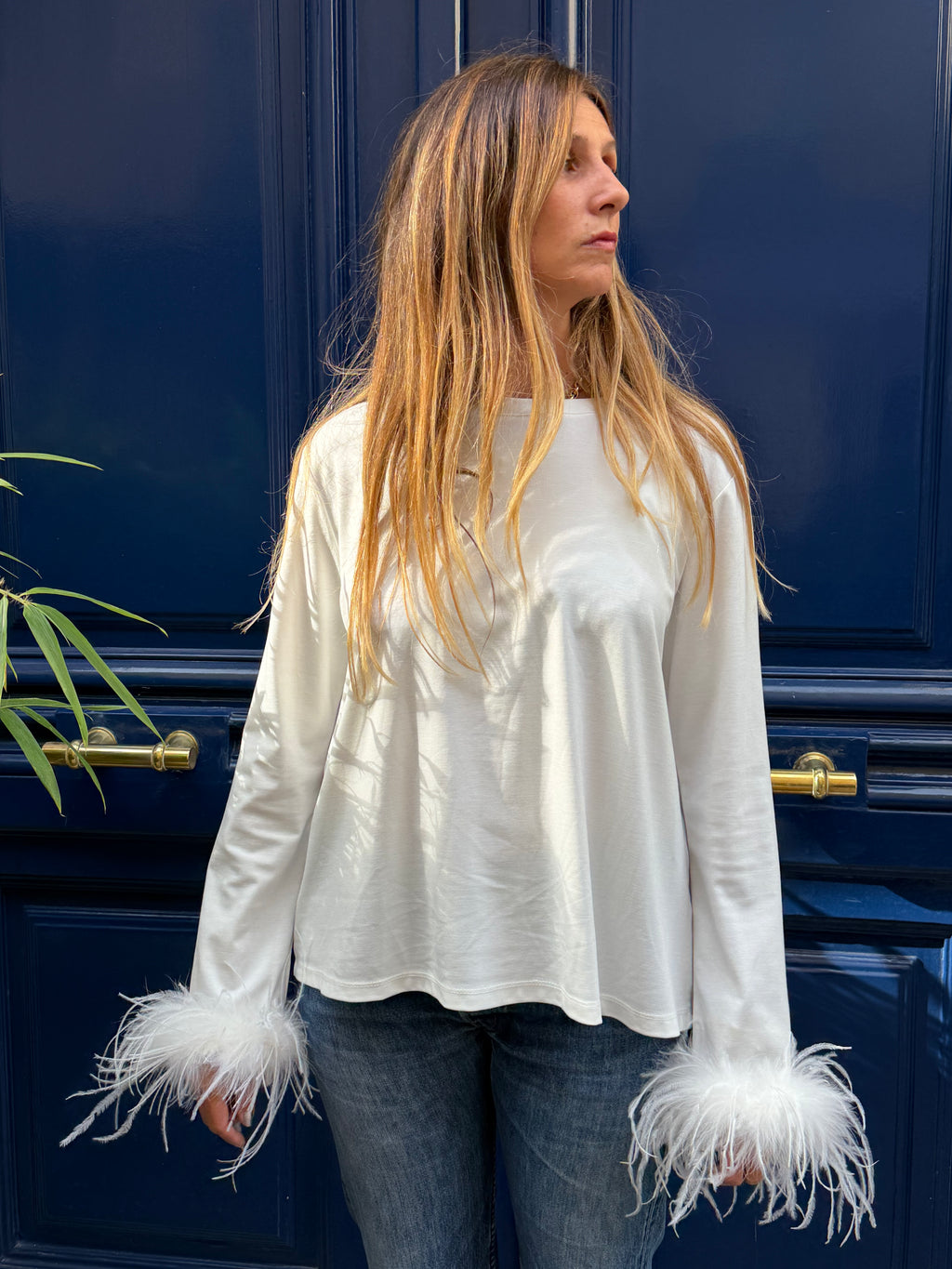 T-shirt blanc manches longues à plumes