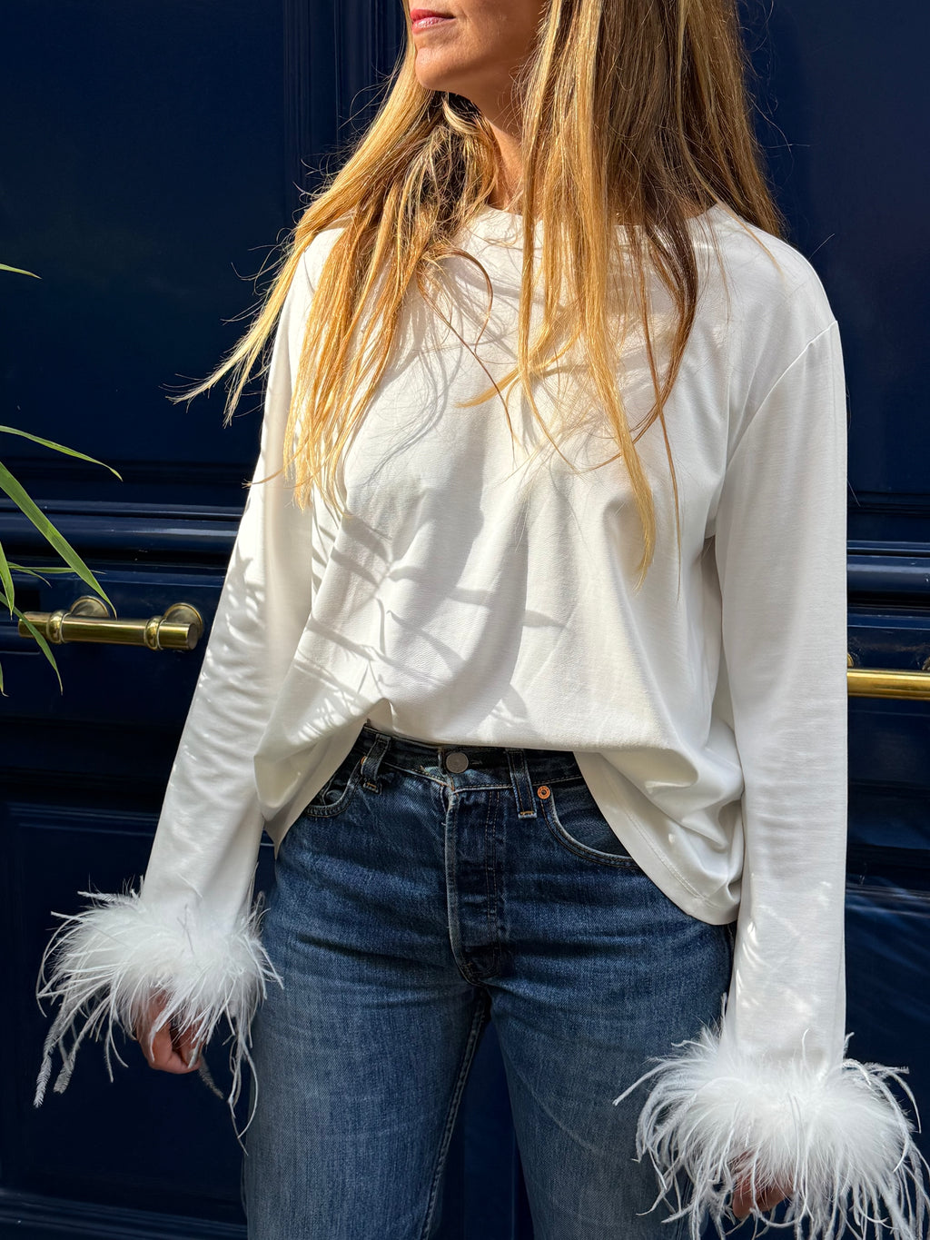 T-shirt blanc manches longues à plumes