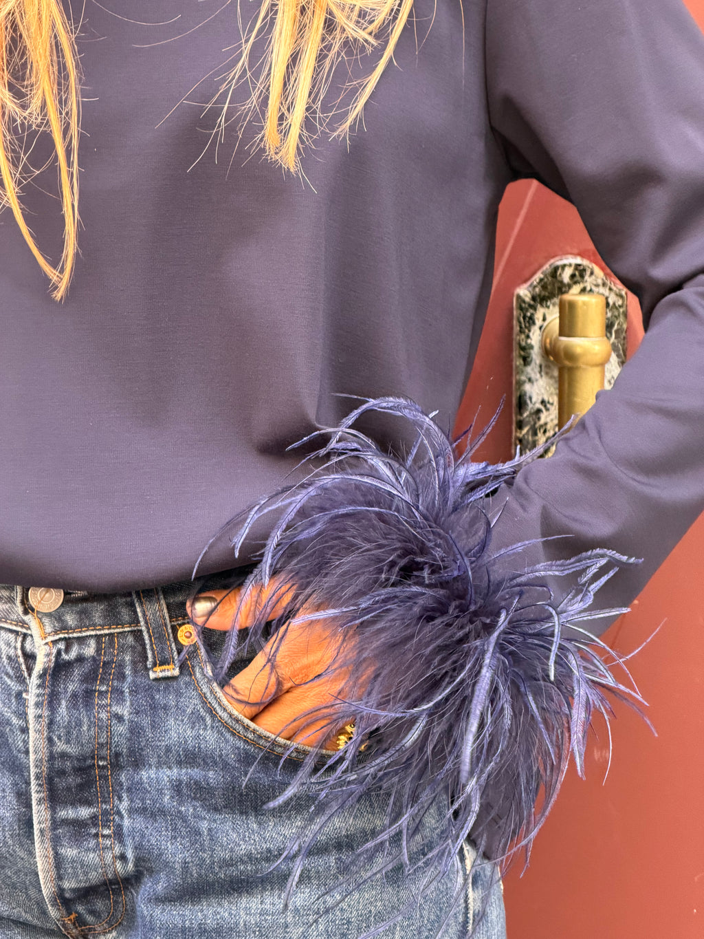T-shirt marine manches longues à plumes