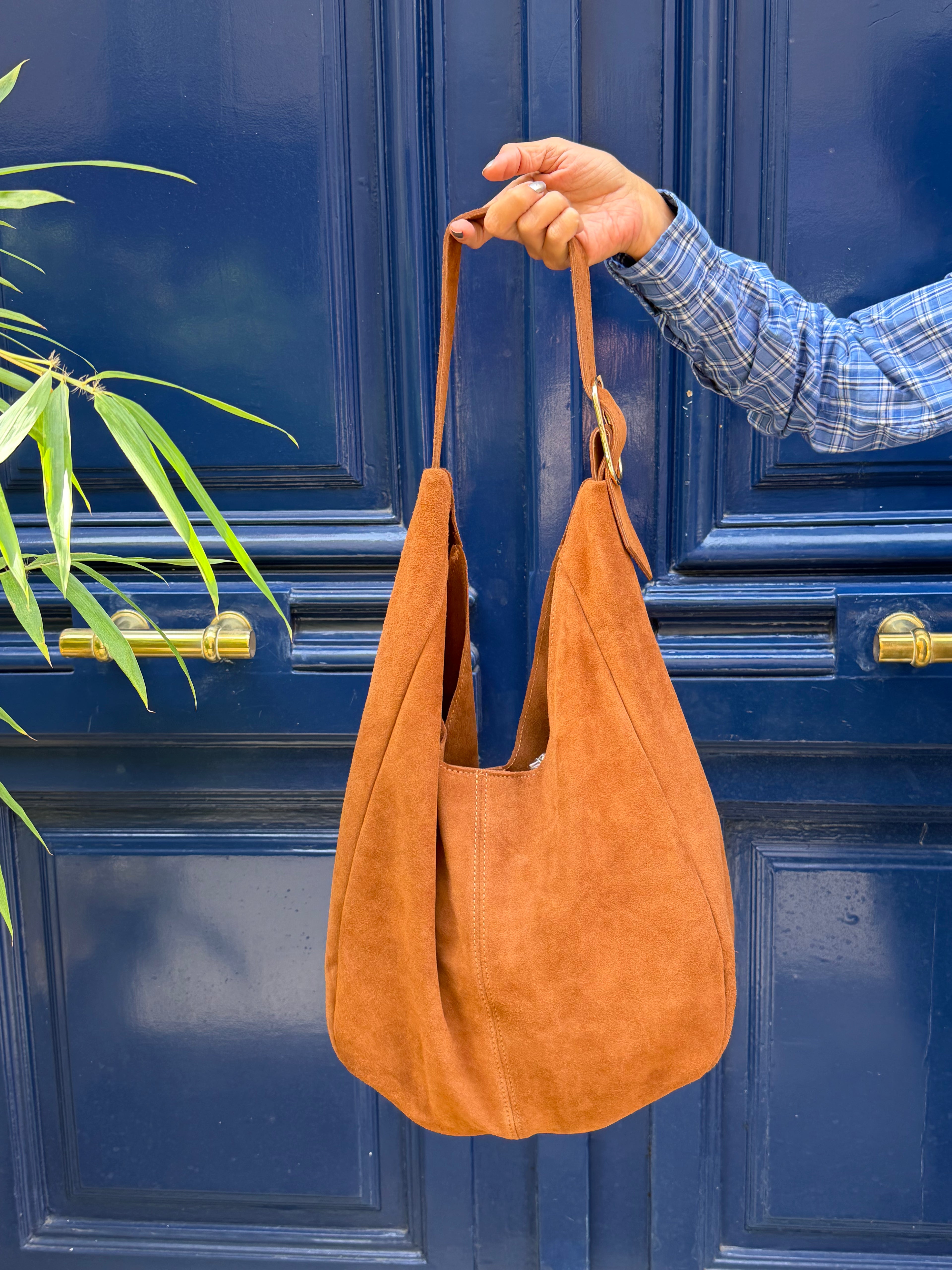 Sac hobo en cuir velours camel