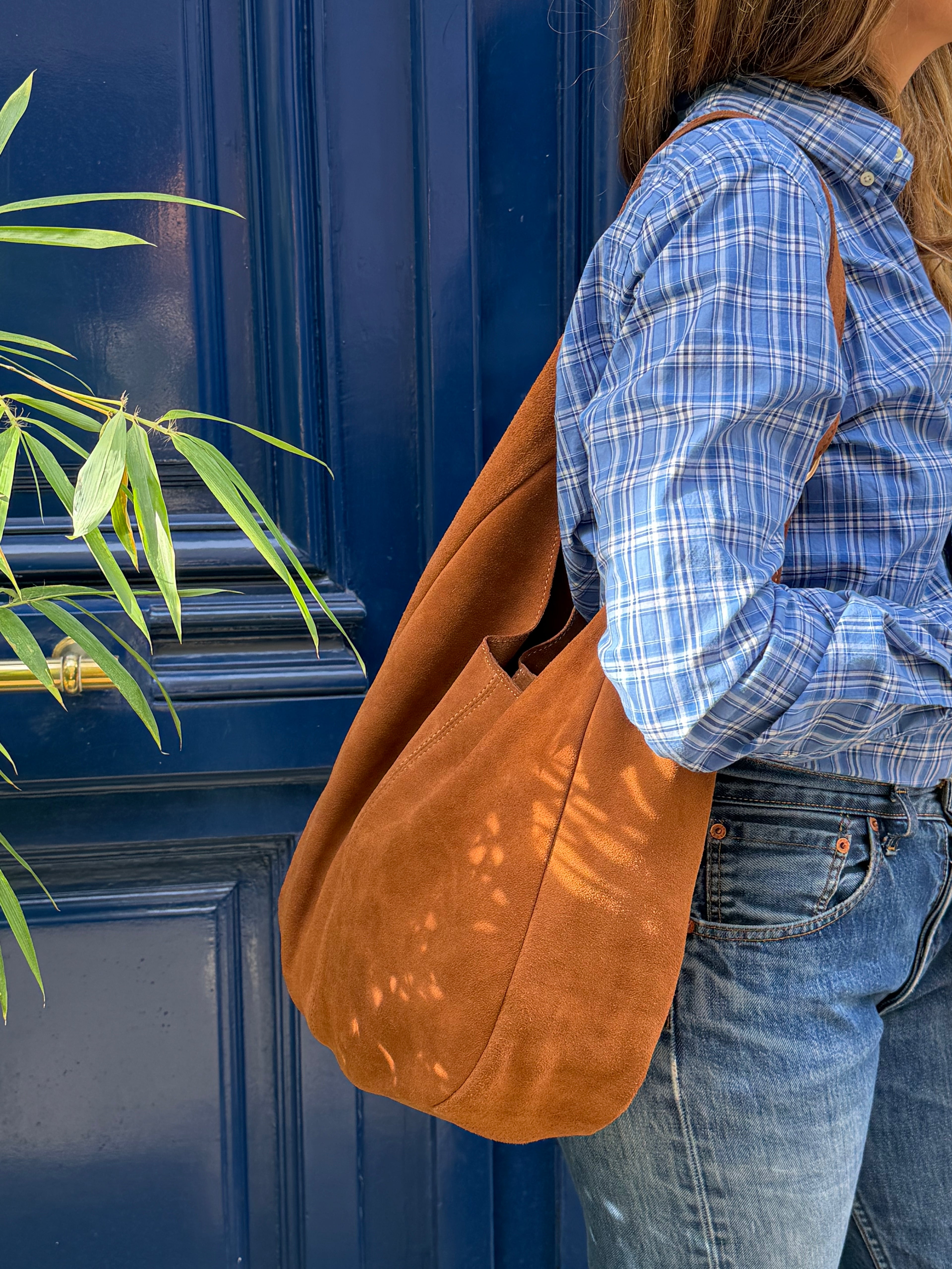Sac hobo en cuir velours camel