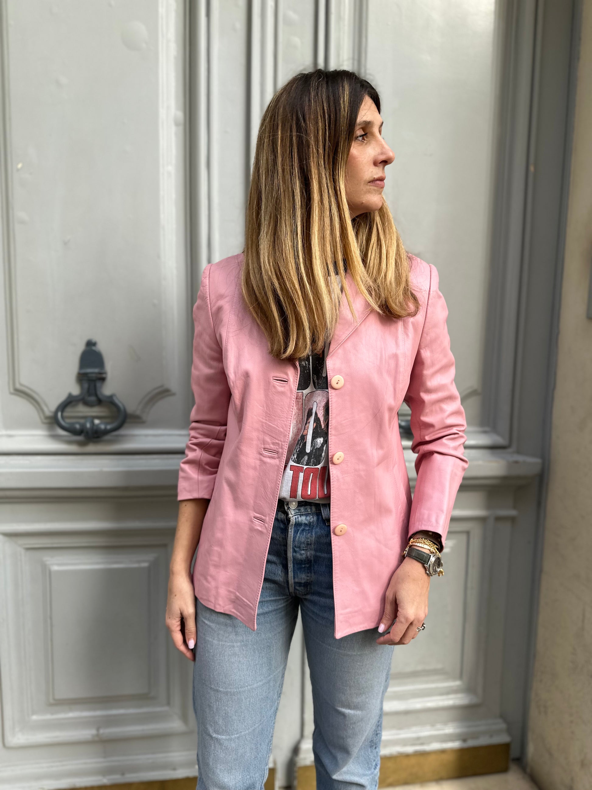 Veste en cuir rose