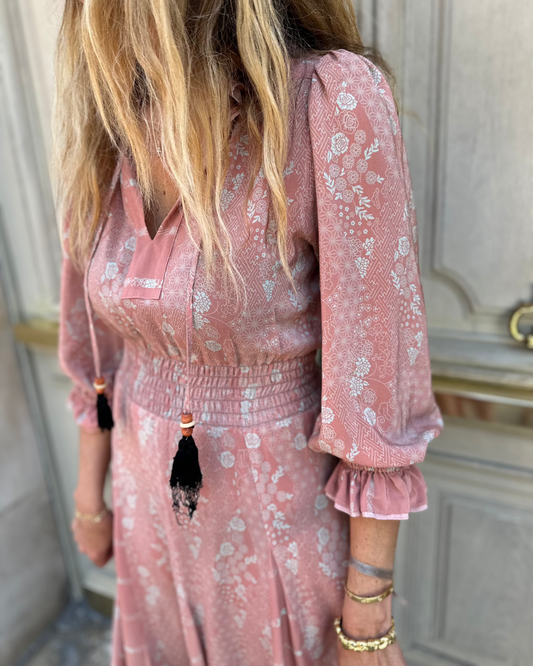 Robe longue en soie rose Mayle