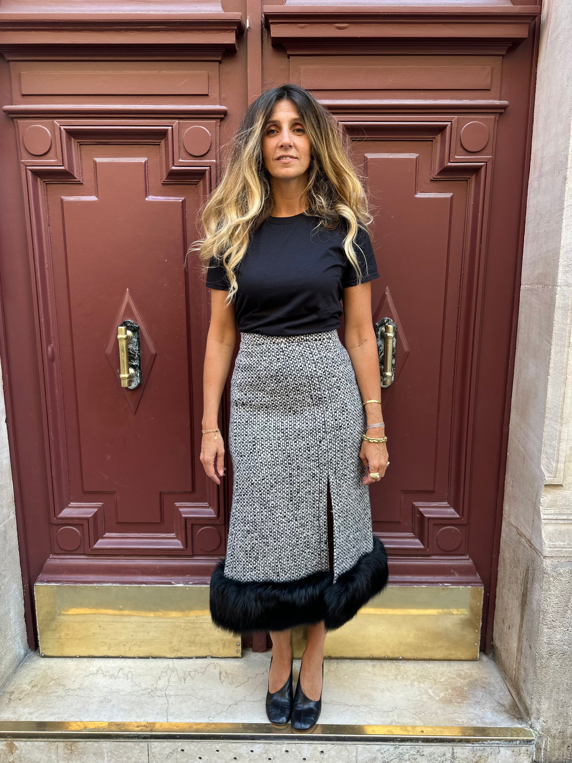 Jupe couture en tweed & fourrure