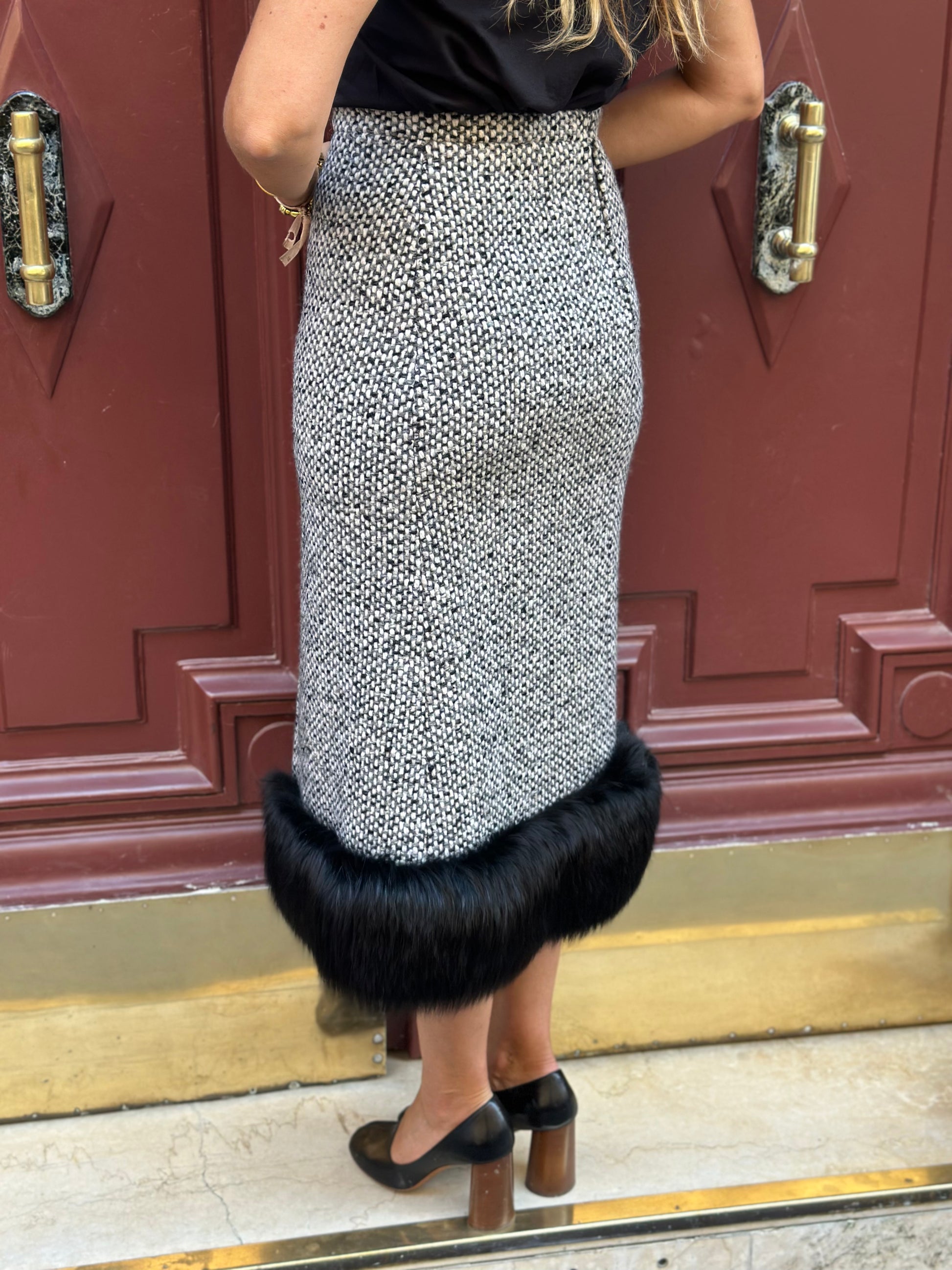 Jupe couture en tweed & fourrure