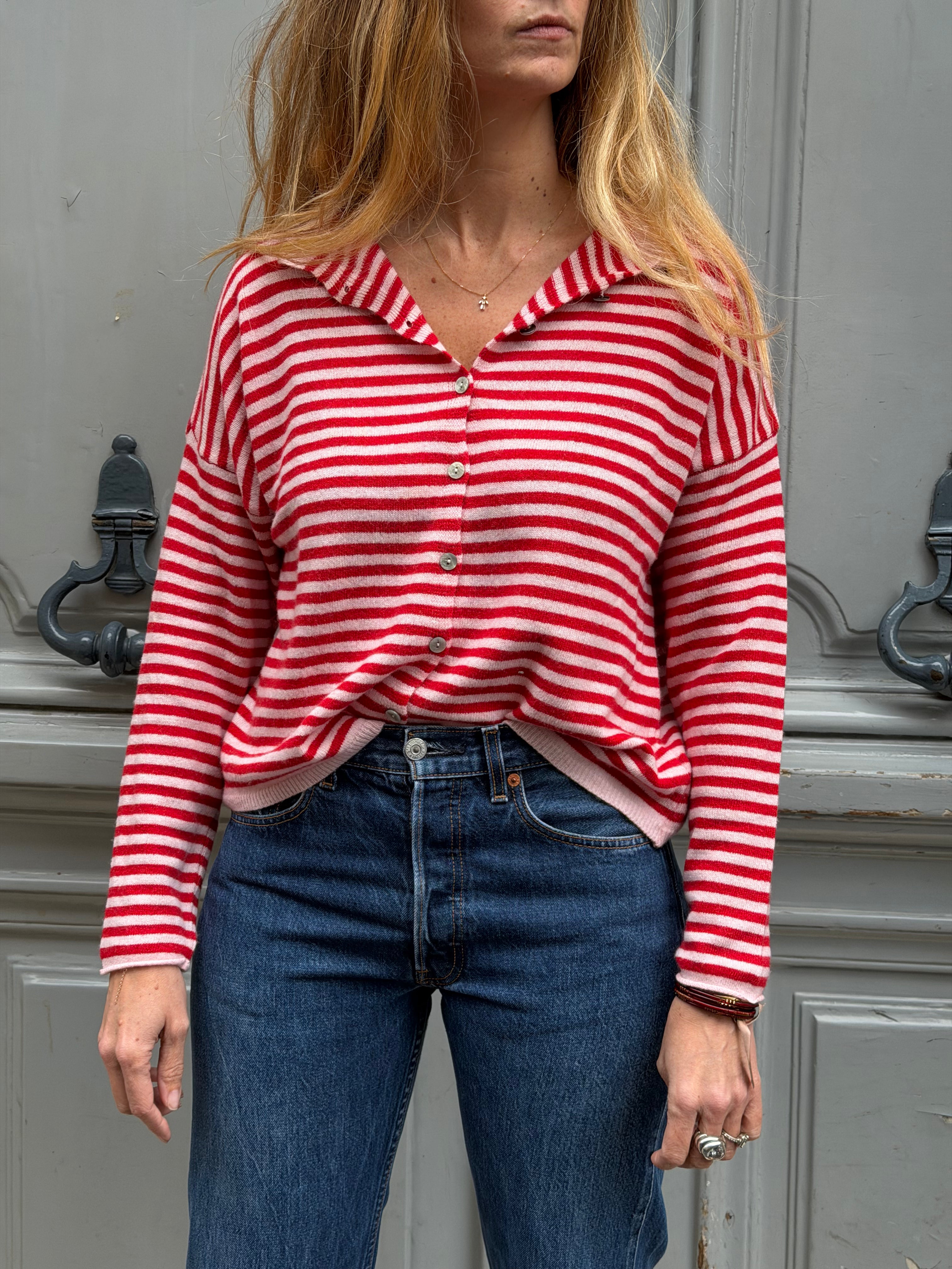 Pull rayé rouge et rose