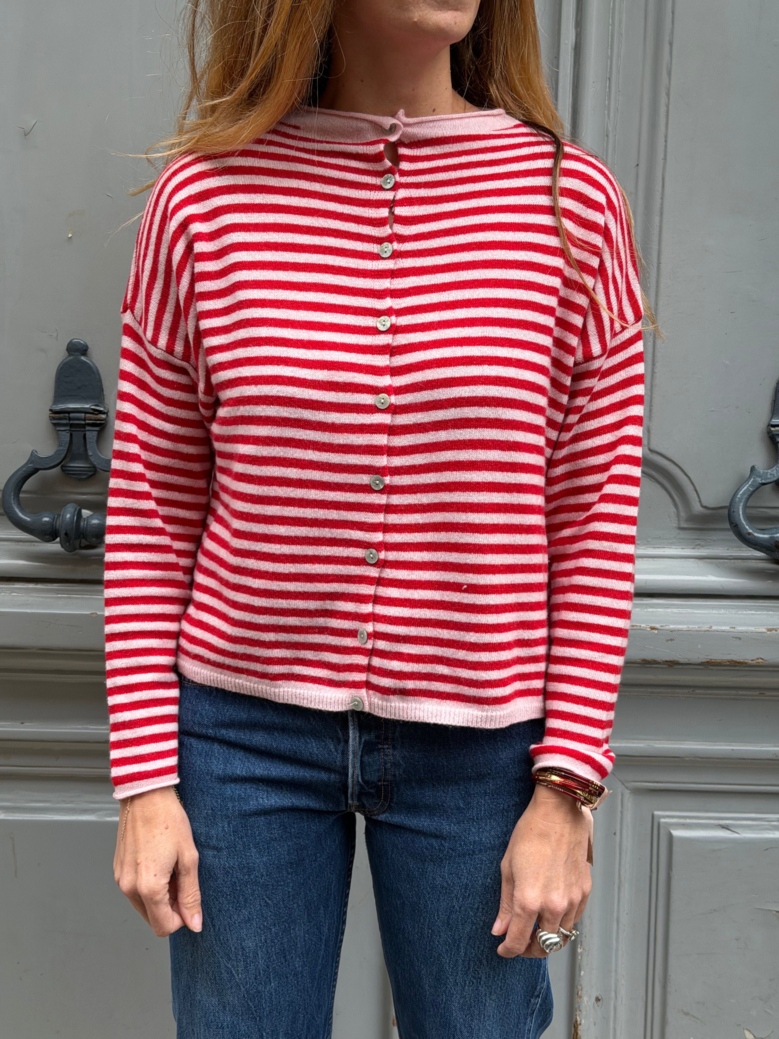 Pull rayé rouge et rose