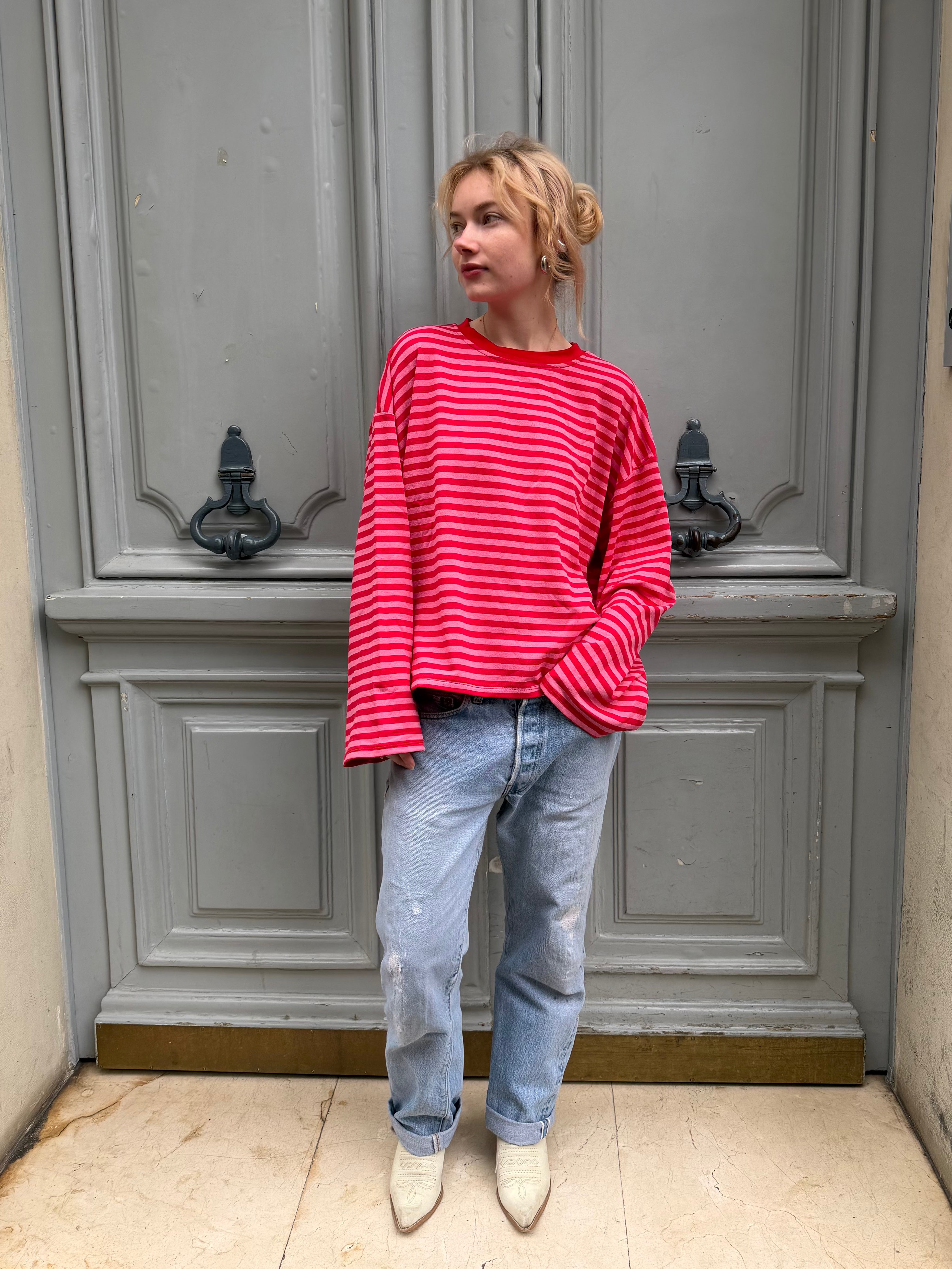 T-shirt marinière rouge et rose