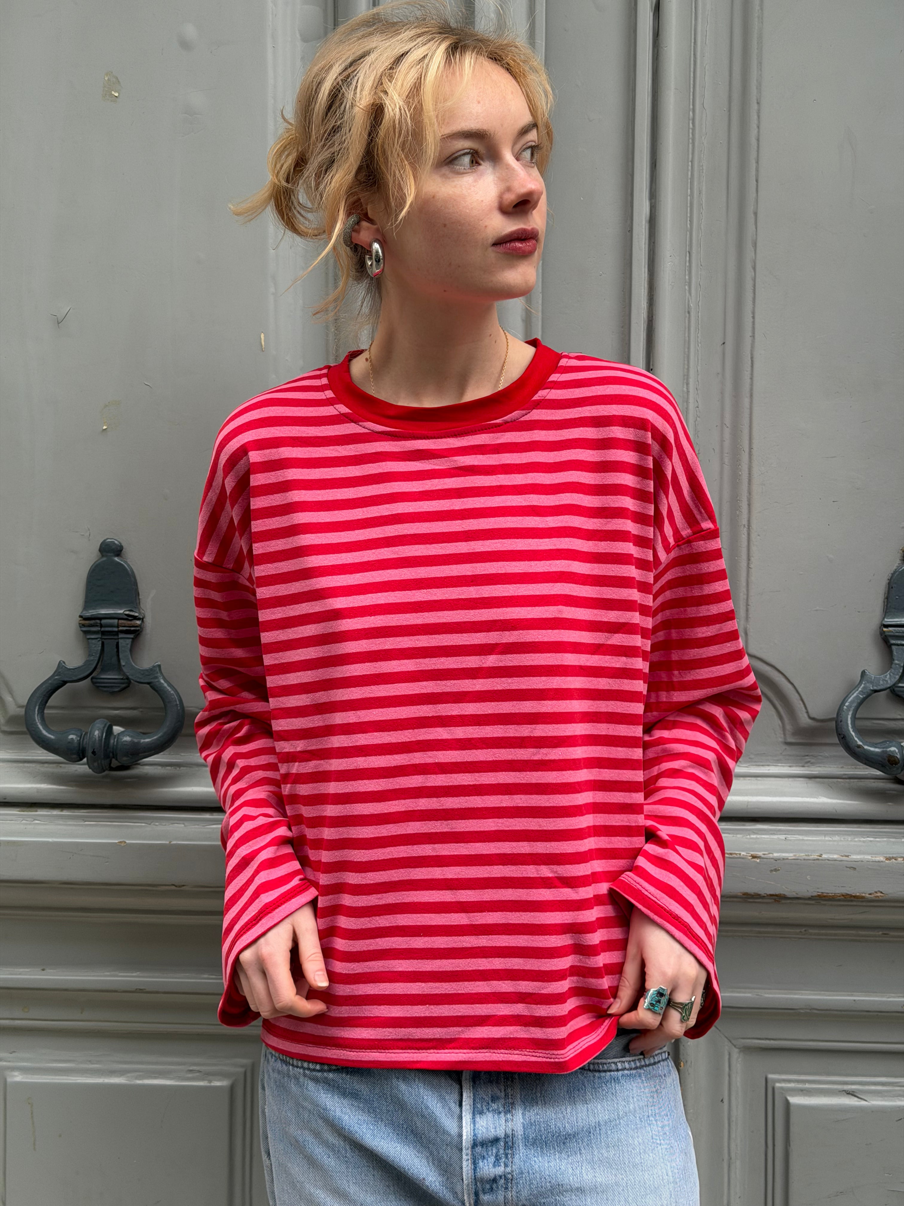 T-shirt marinière rouge et rose