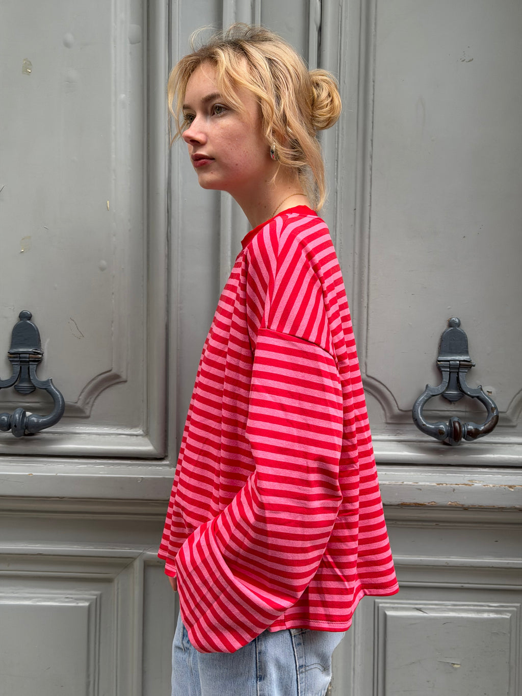 T-shirt marinière rouge et rose