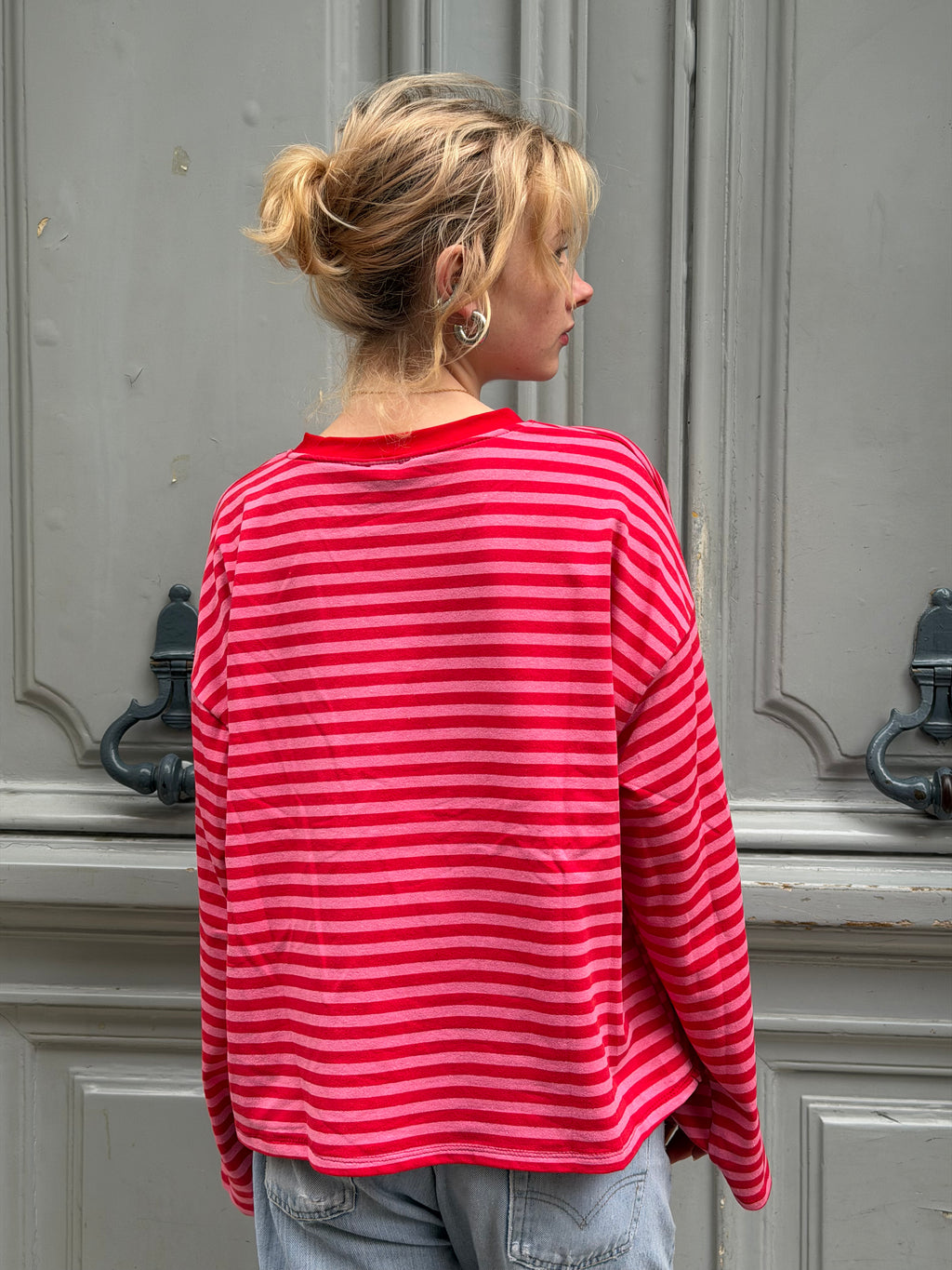 T-shirt marinière rouge et rose