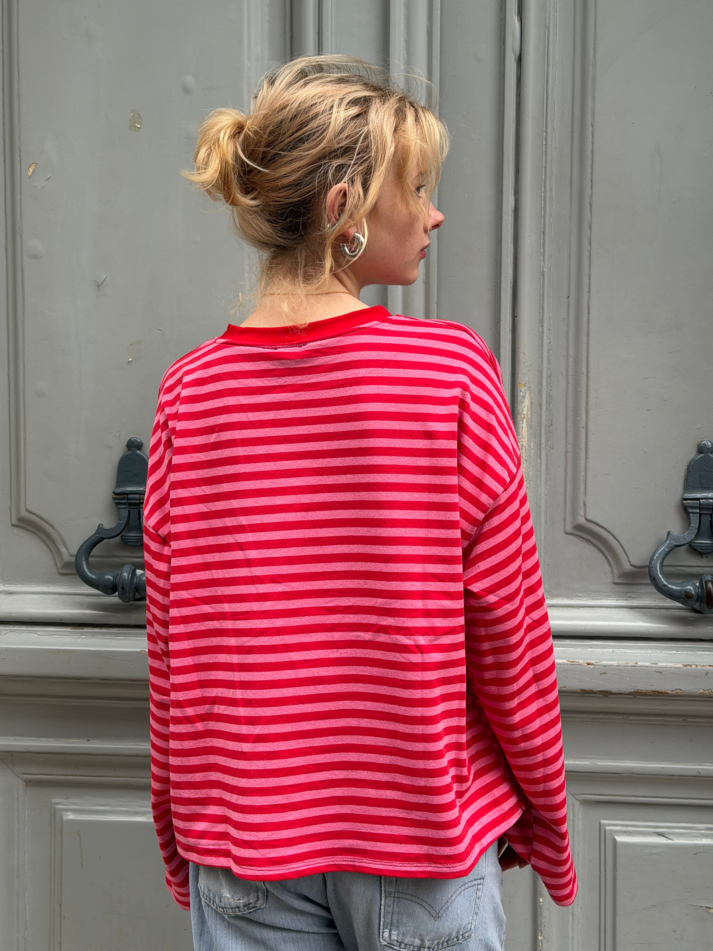 T-shirt marinière rouge et rose