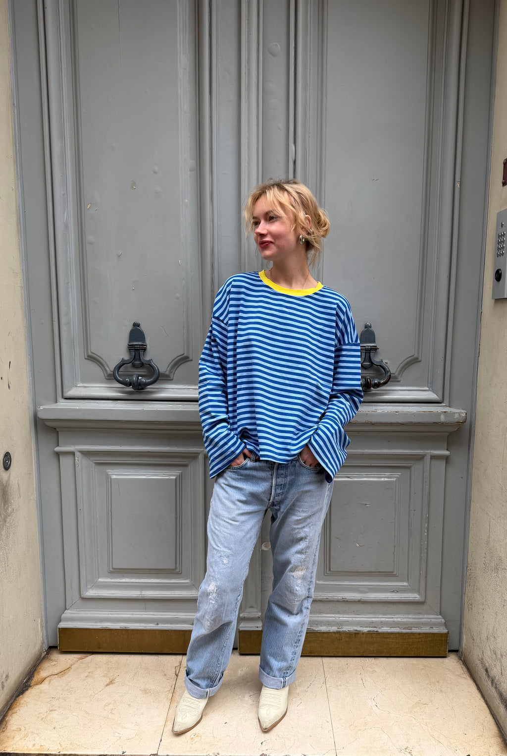 T-shirt marinière bleu et jaune